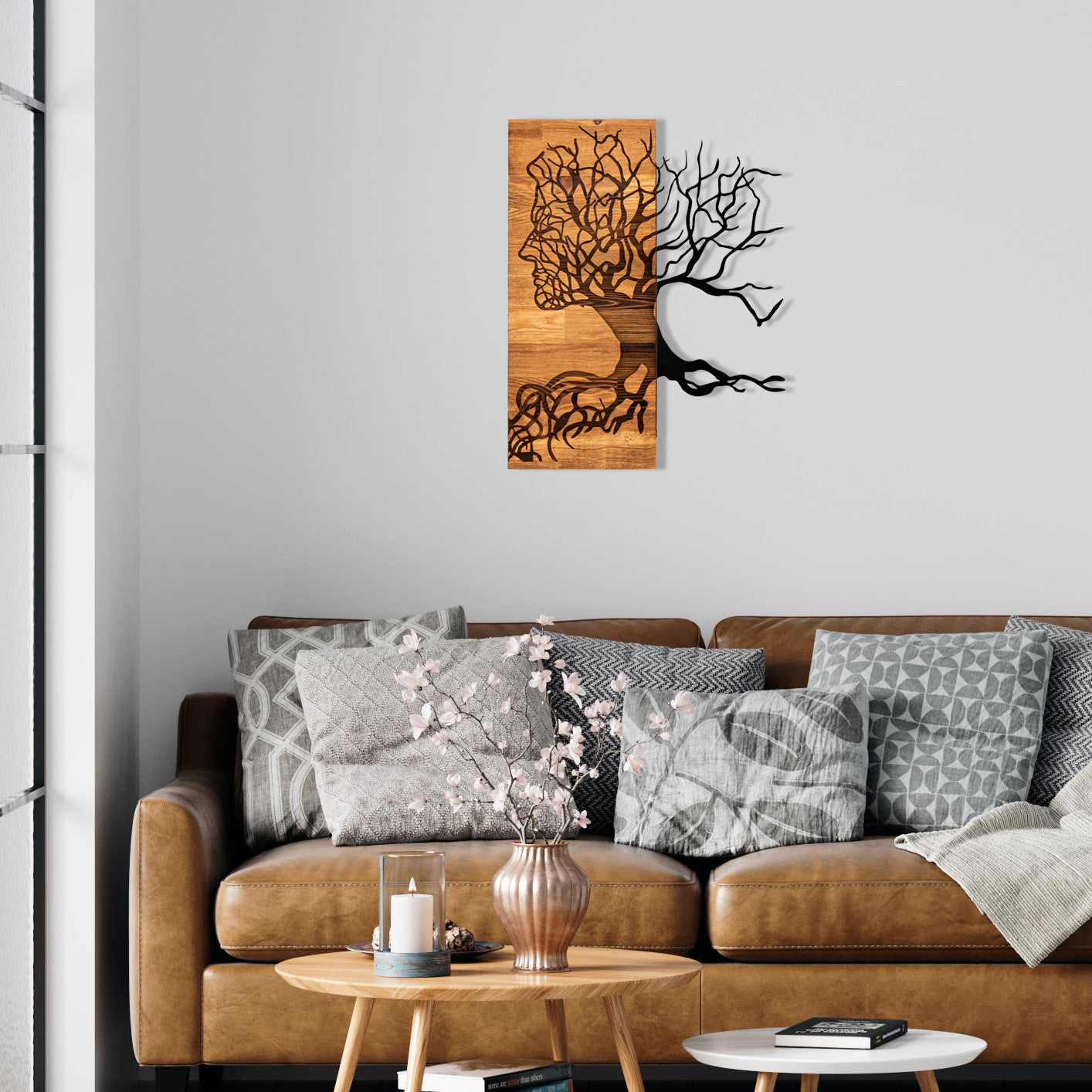 Muaz — Acessório Decorativo de Parede em Metal Preto com Moldura de Nogueira, 45 x 58 cm