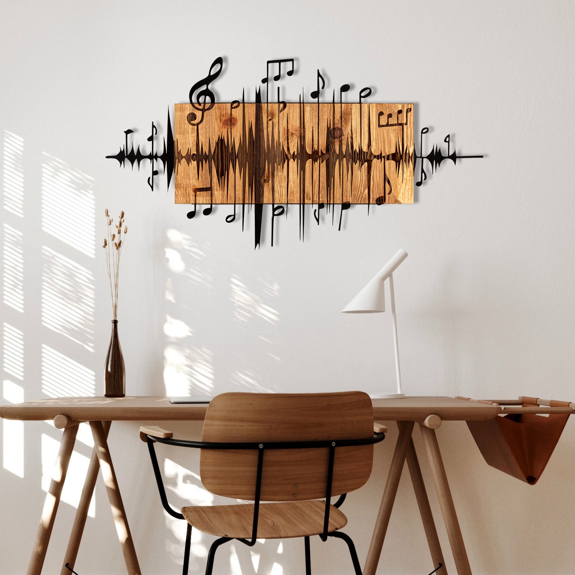 Elegante acessório decorativo de parede em madeira, 90 x 47 cm, preto e nogueira | 100% metal (1,2 mm) e estrutura de madeira (3 cm) | Perfeito para decoração moderna
