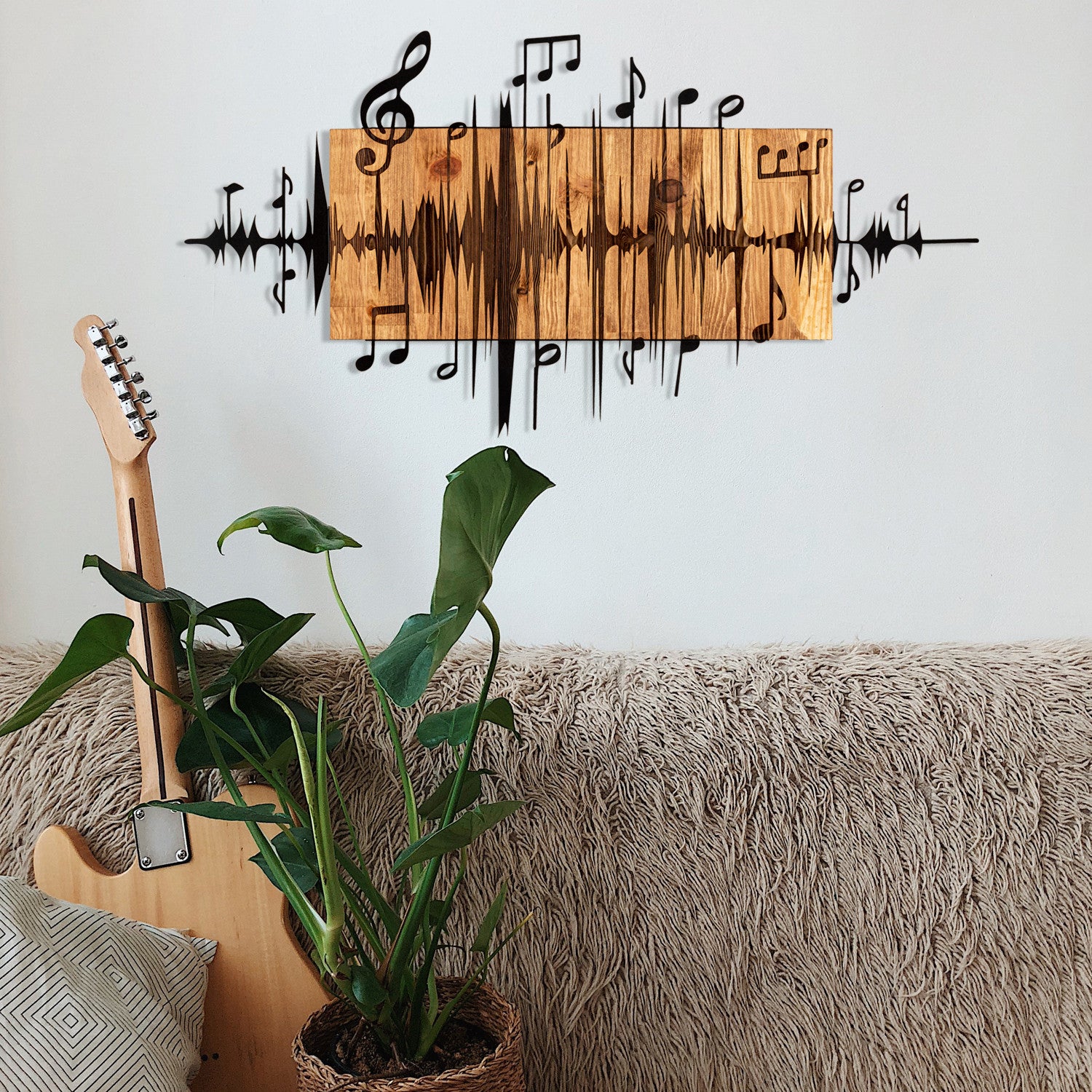 Elegante acessório decorativo de parede em madeira, 90 x 47 cm, preto e nogueira | 100% metal (1,2 mm) e estrutura de madeira (3 cm) | Perfeito para decoração moderna