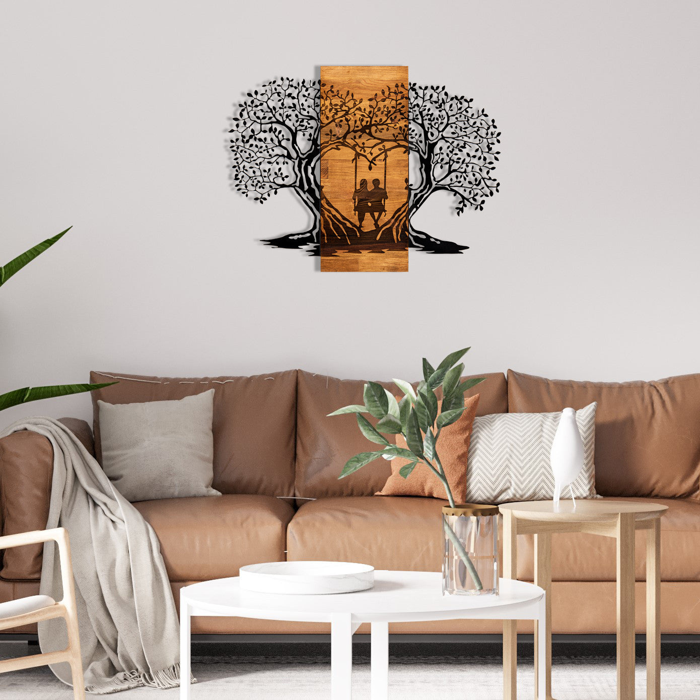 Elegante acessório decorativo de parede em madeira, 76 x 58 cm, preto e nogueira | 100% metal (1,2 mm) e estrutura de madeira (3 cm) | Perfeito para decoração moderna
