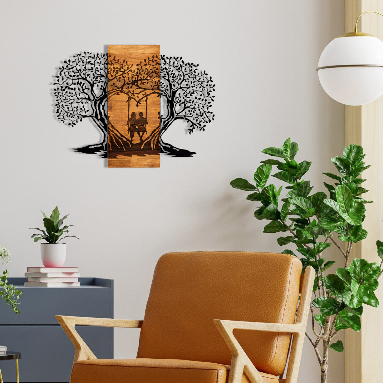 Elegante acessório decorativo de parede em madeira, 76 x 58 cm, preto e nogueira | 100% metal (1,2 mm) e estrutura de madeira (3 cm) | Perfeito para decoração moderna