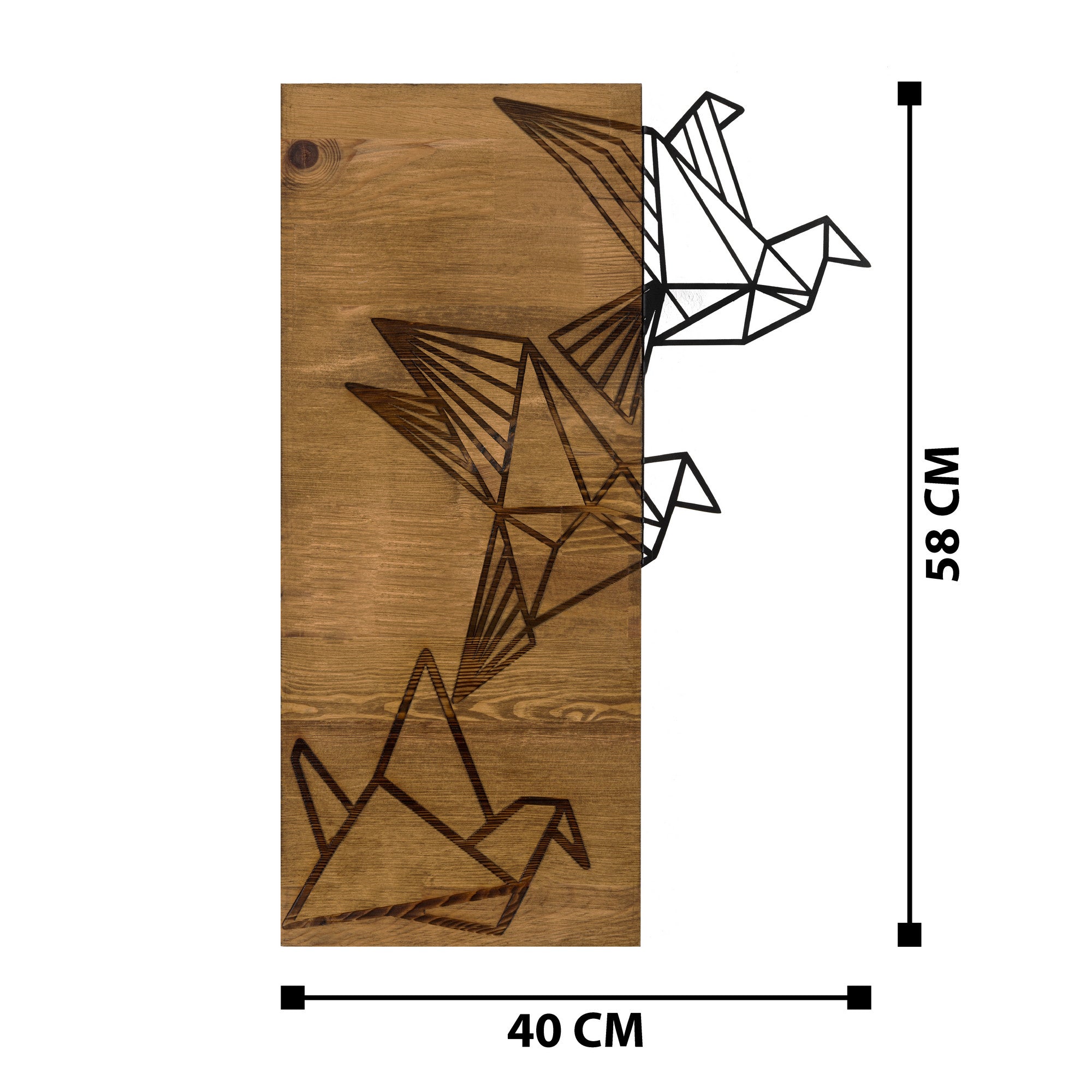 Oragami – Acessório Decorativo de Parede em Metal Preto com Moldura de Nogueira, 36 x 60 cm