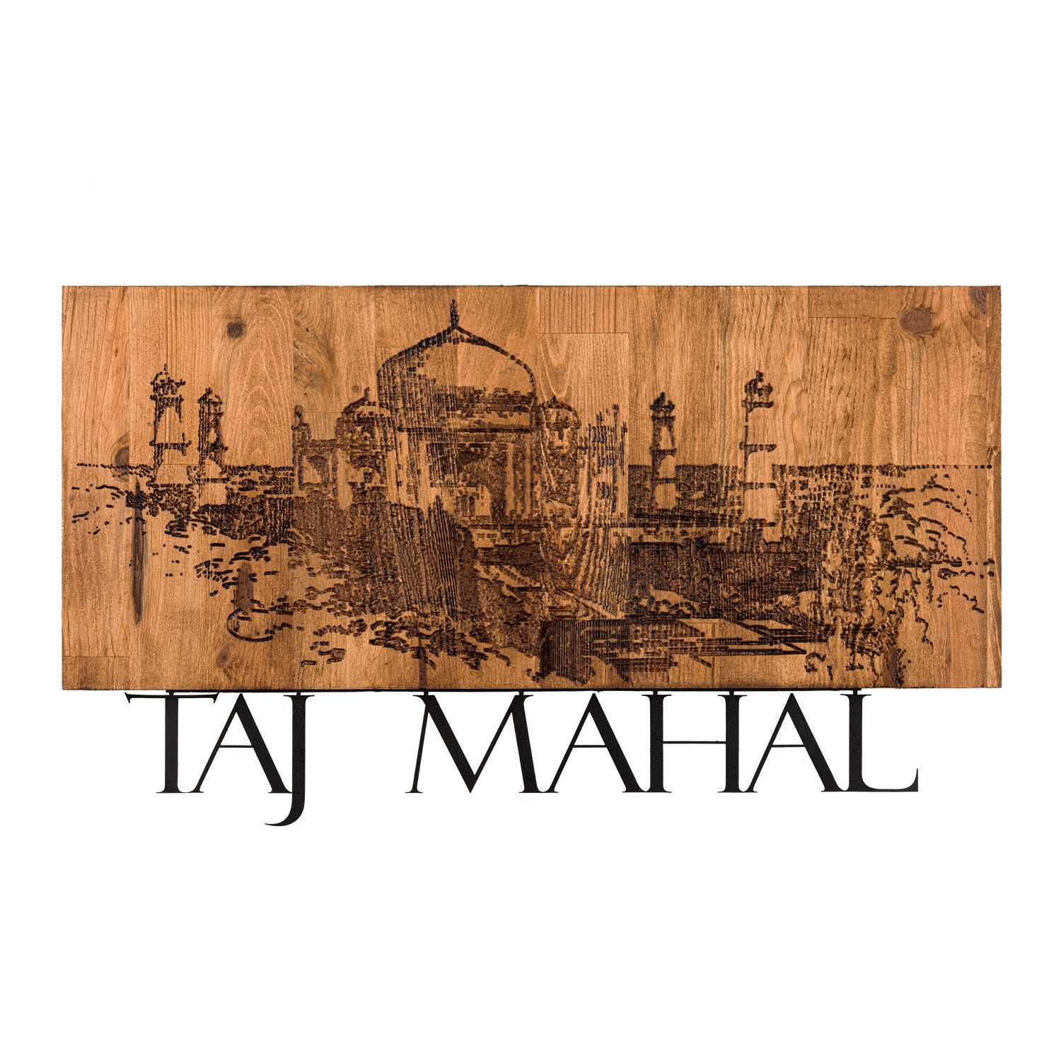 Taj Mahal — Acessório Decorativo de Parede em Metal Preto com Moldura de Madeira Nogueira, 58 x 33 cm