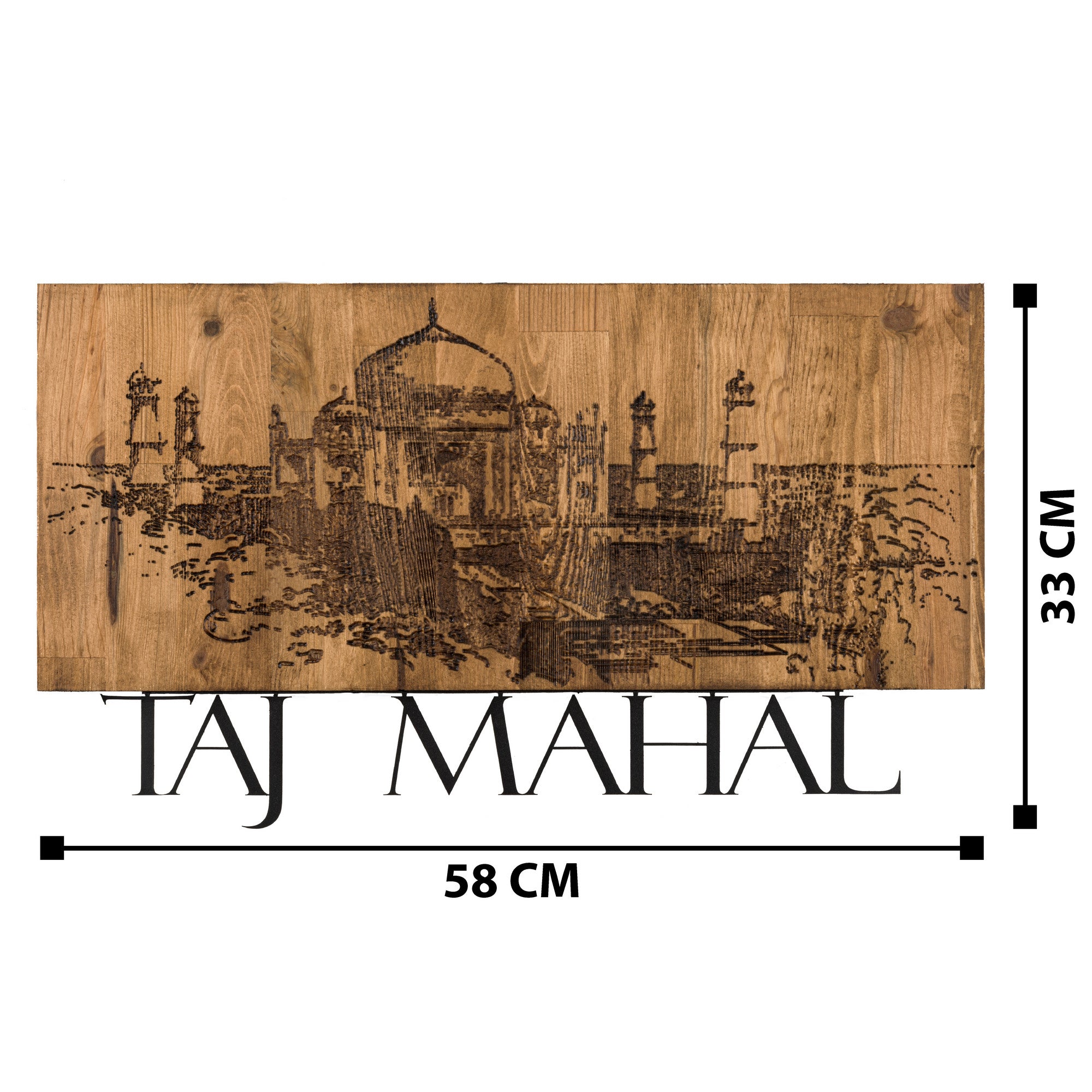 Taj Mahal — Acessório Decorativo de Parede em Metal Preto com Moldura de Madeira Nogueira, 58 x 33 cm