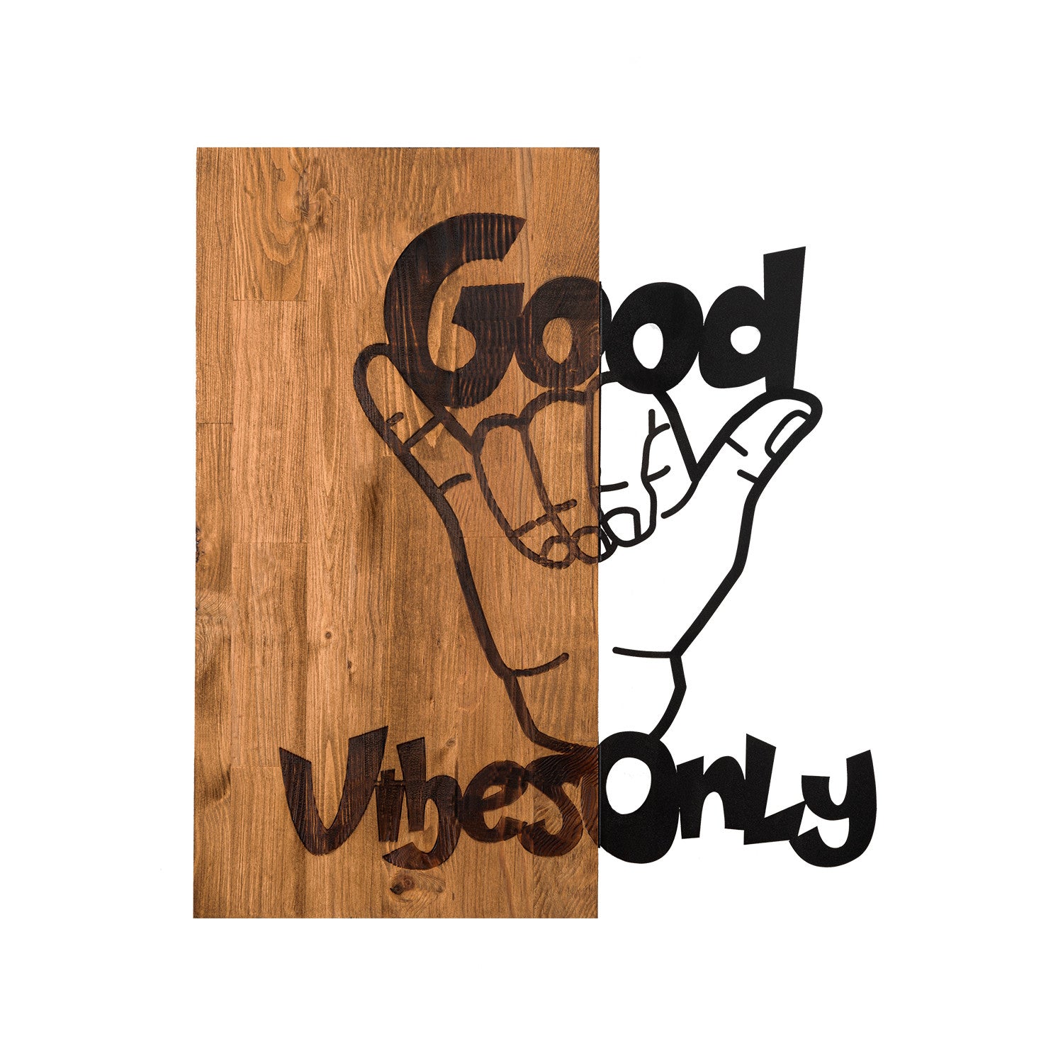 Good Vibes – Acessório de Parede Decorativo em Metal (1,2 mm) com Moldura em Madeira de Nogueira, 50x58 cm, Preto