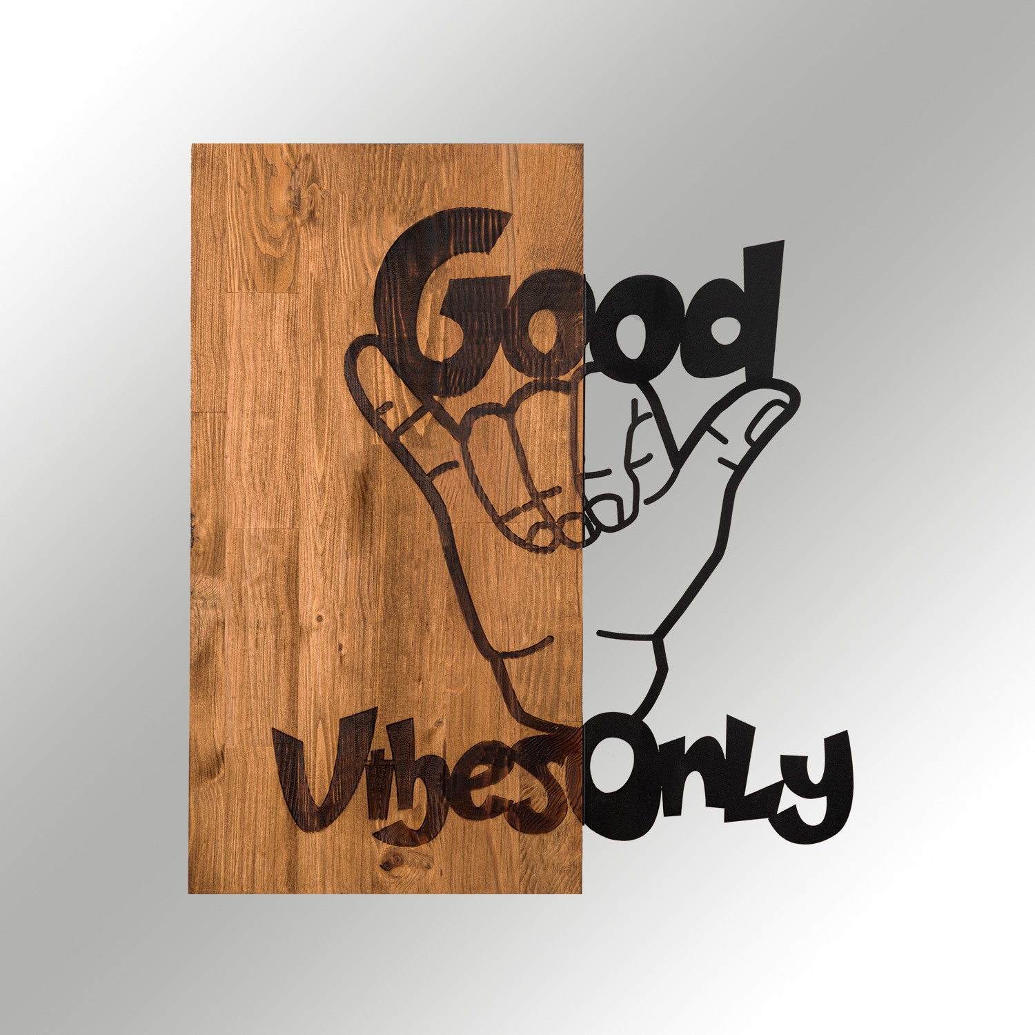 Good Vibes – Acessório de Parede Decorativo em Metal (1,2 mm) com Moldura em Madeira de Nogueira, 50x58 cm, Preto