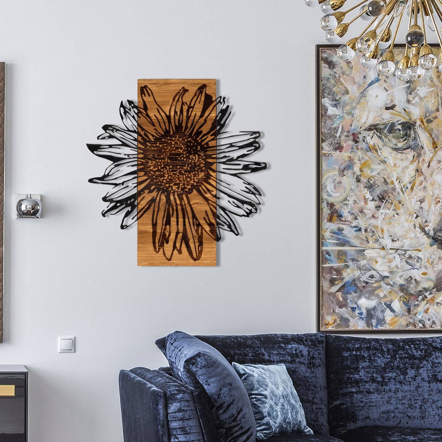 Elegante acessório decorativo de parede em madeira, 56 x 58 cm, preto e nogueira | 100% metal (1,2 mm) e estrutura de madeira (3 cm) | Perfeito para decoração moderna