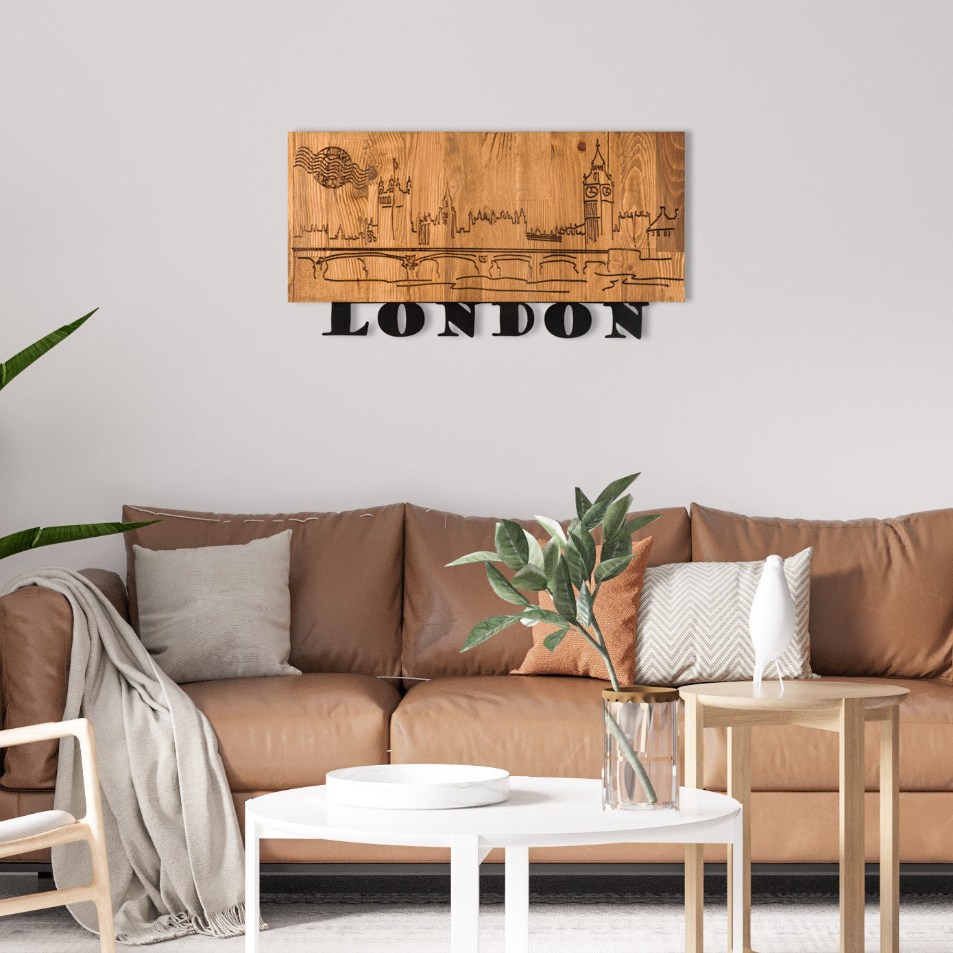 London v2 — Acessório Decorativo de Parede em Metal com Moldura de Madeira, Preto/Nogueira, 58 x 30 cm