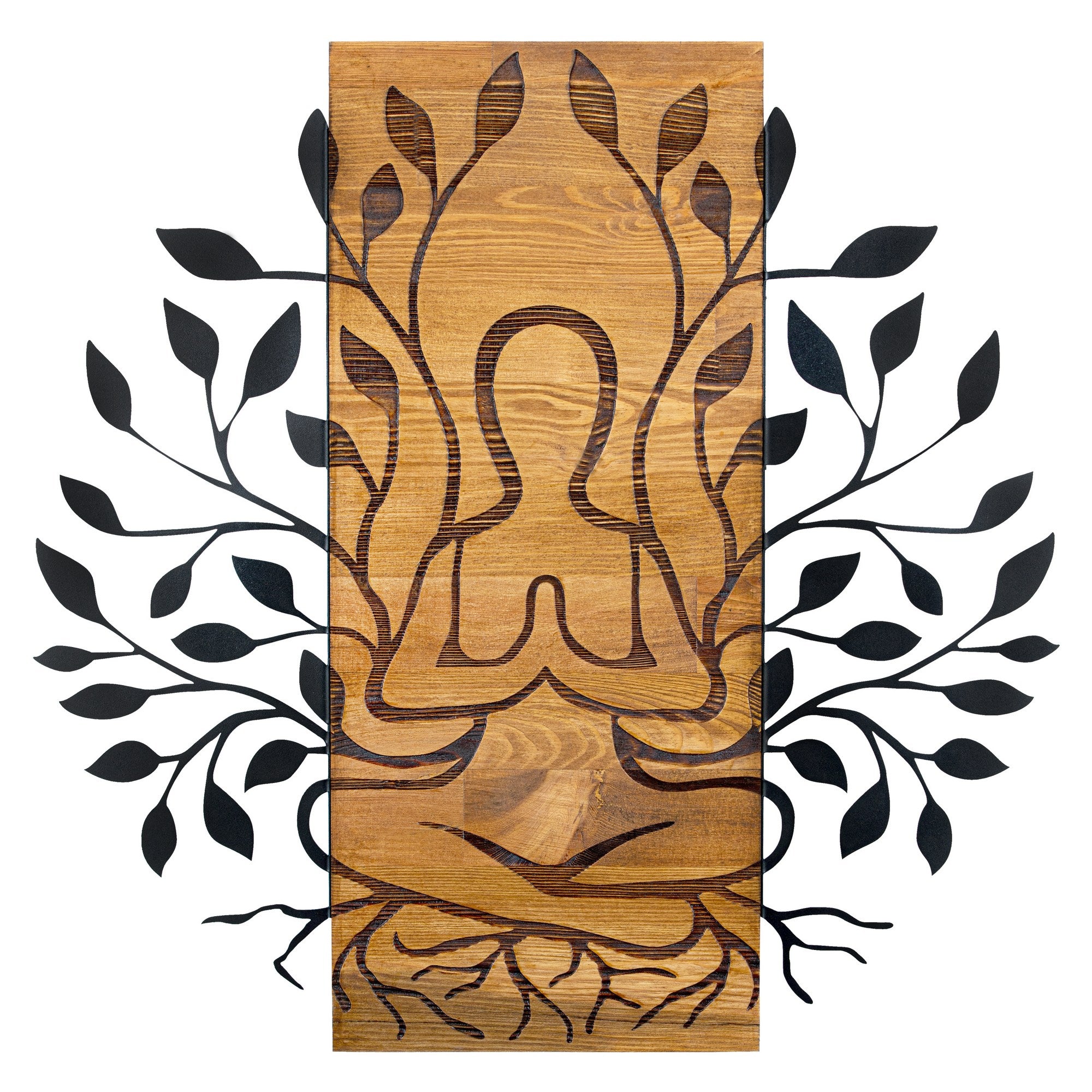 Meditação – Acessório Decorativo de Parede em Metal Preto com Moldura de Nogueira, 58 x 57,5 cm