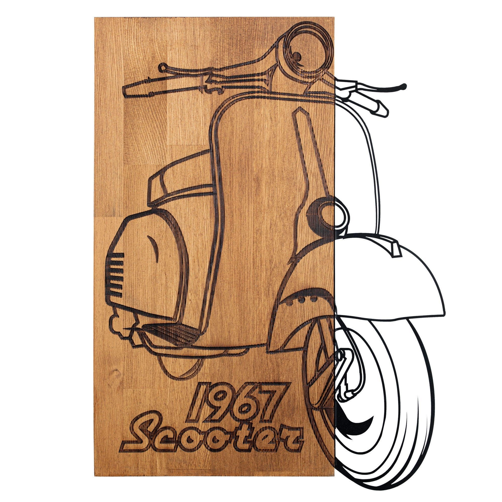 Scooter Nostálgica — Acessório Decorativo de Parede em Metal Preto com Moldura em Nogueira, 44 x 59,5 cm