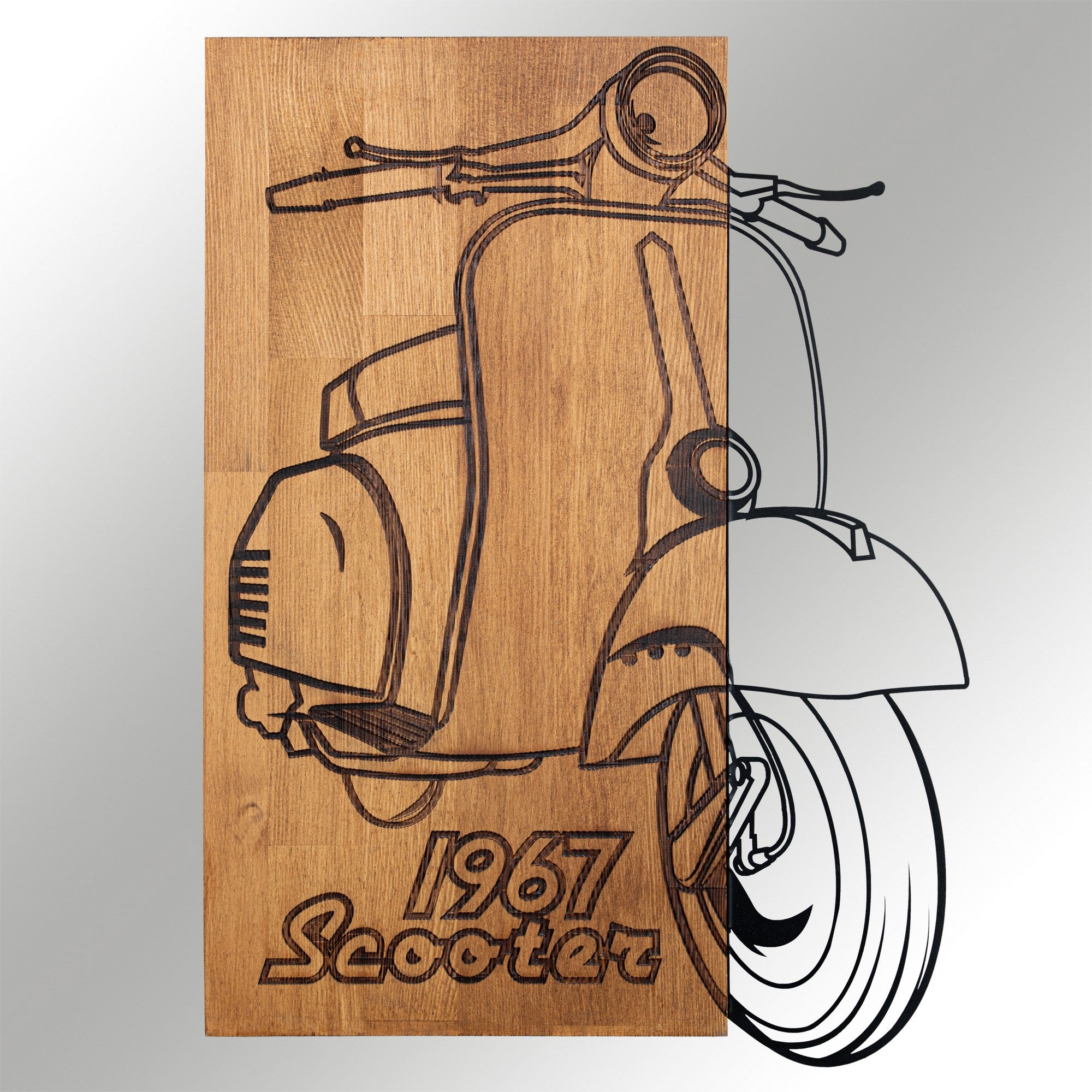 Scooter Nostálgica — Acessório Decorativo de Parede em Metal Preto com Moldura em Nogueira, 44 x 59,5 cm
