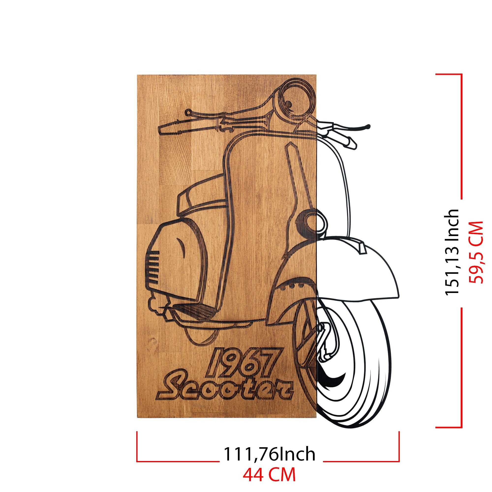 Scooter Nostálgica — Acessório Decorativo de Parede em Metal Preto com Moldura em Nogueira, 44 x 59,5 cm