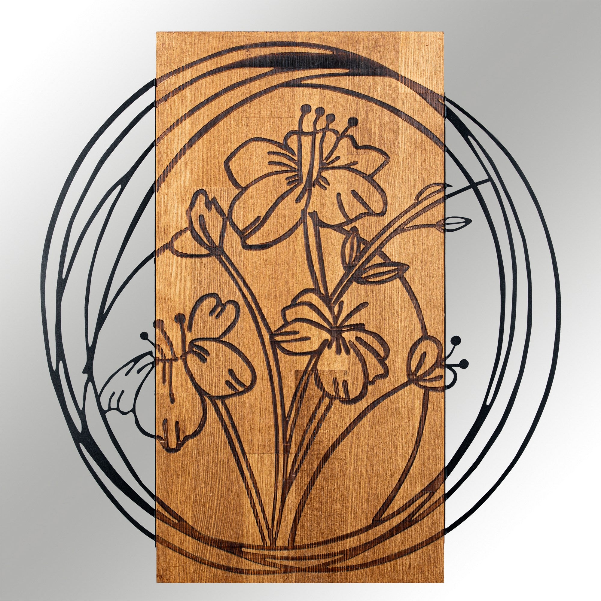 Orchid — Acessório de Parede Decorativo em Metal com Moldura de Madeira (Preto/Nogueira), 55 x 57,5 cm