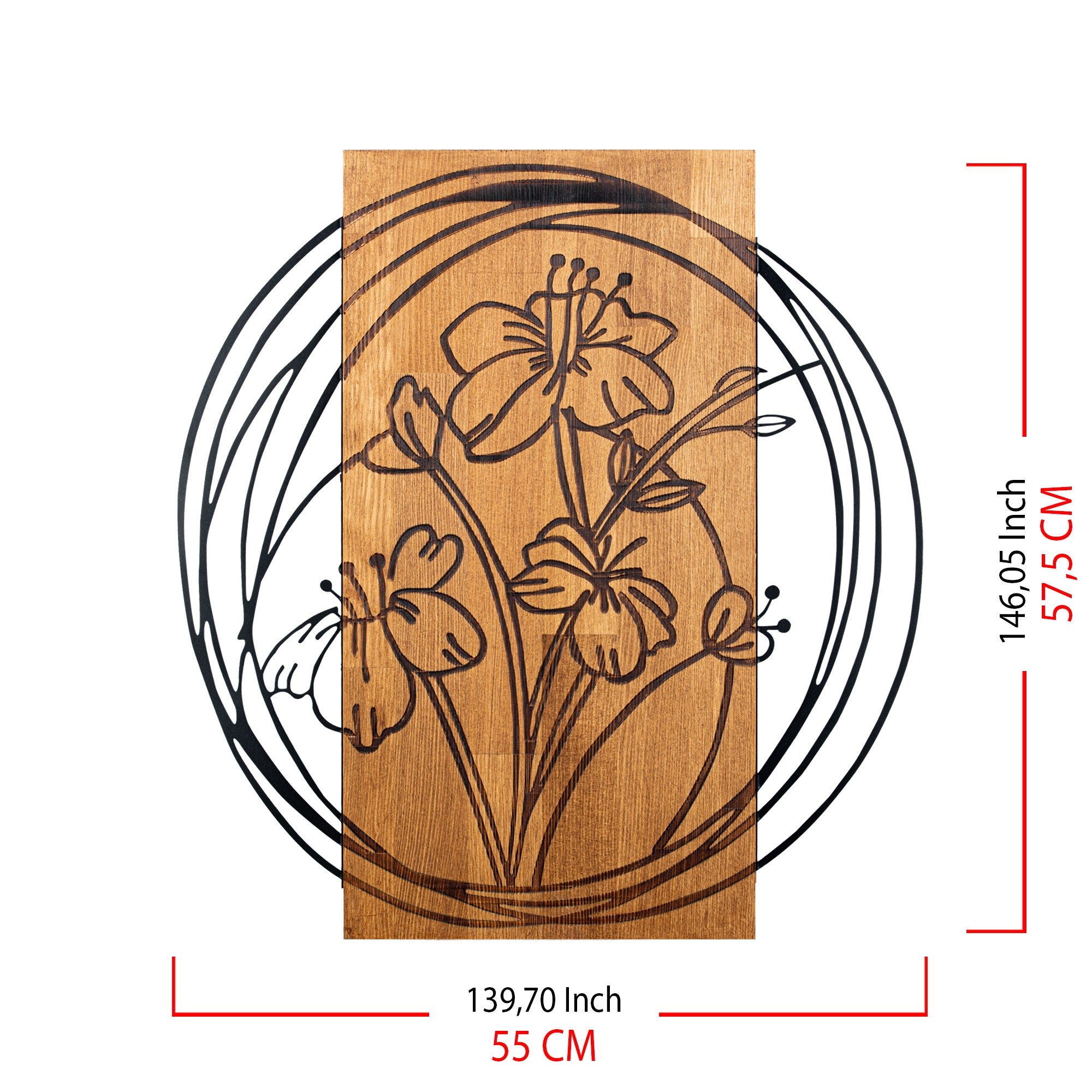 Orchid — Acessório de Parede Decorativo em Metal com Moldura de Madeira (Preto/Nogueira), 55 x 57,5 cm
