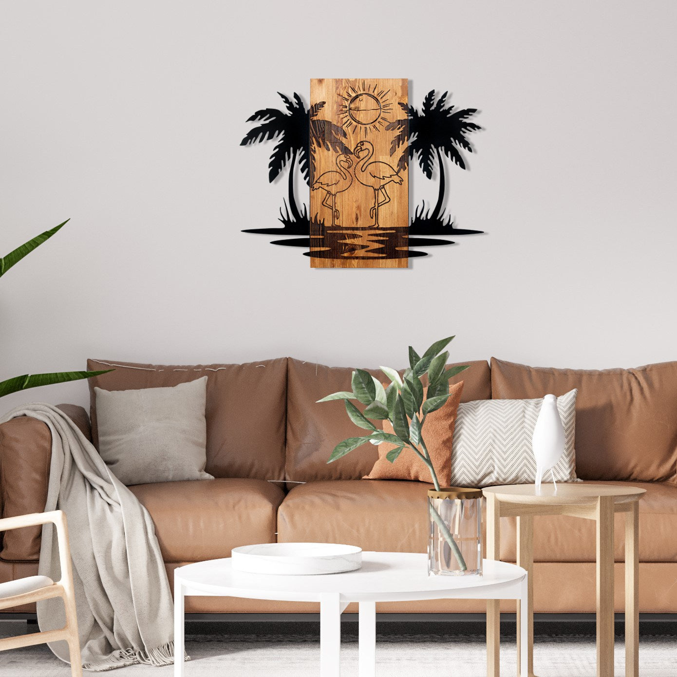 Hawaii – Acessório Decorativo de Parede em Metal Preto com Moldura de Nogueira, 74 x 57,5 cm