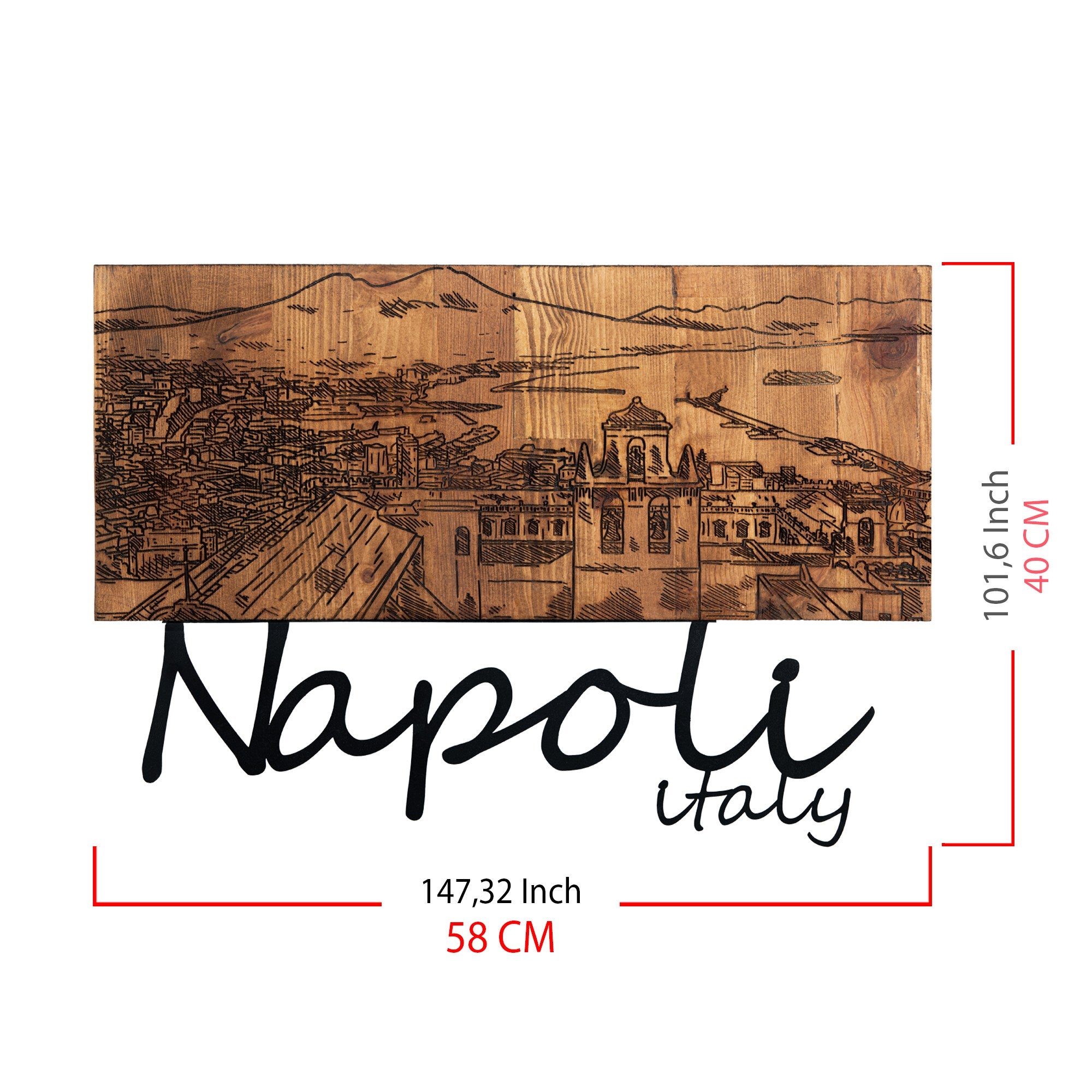 Napoli – Acessório Decorativo de Parede em Metal com Moldura de Madeira, Preto/Nogueira, 58 x 40 cm