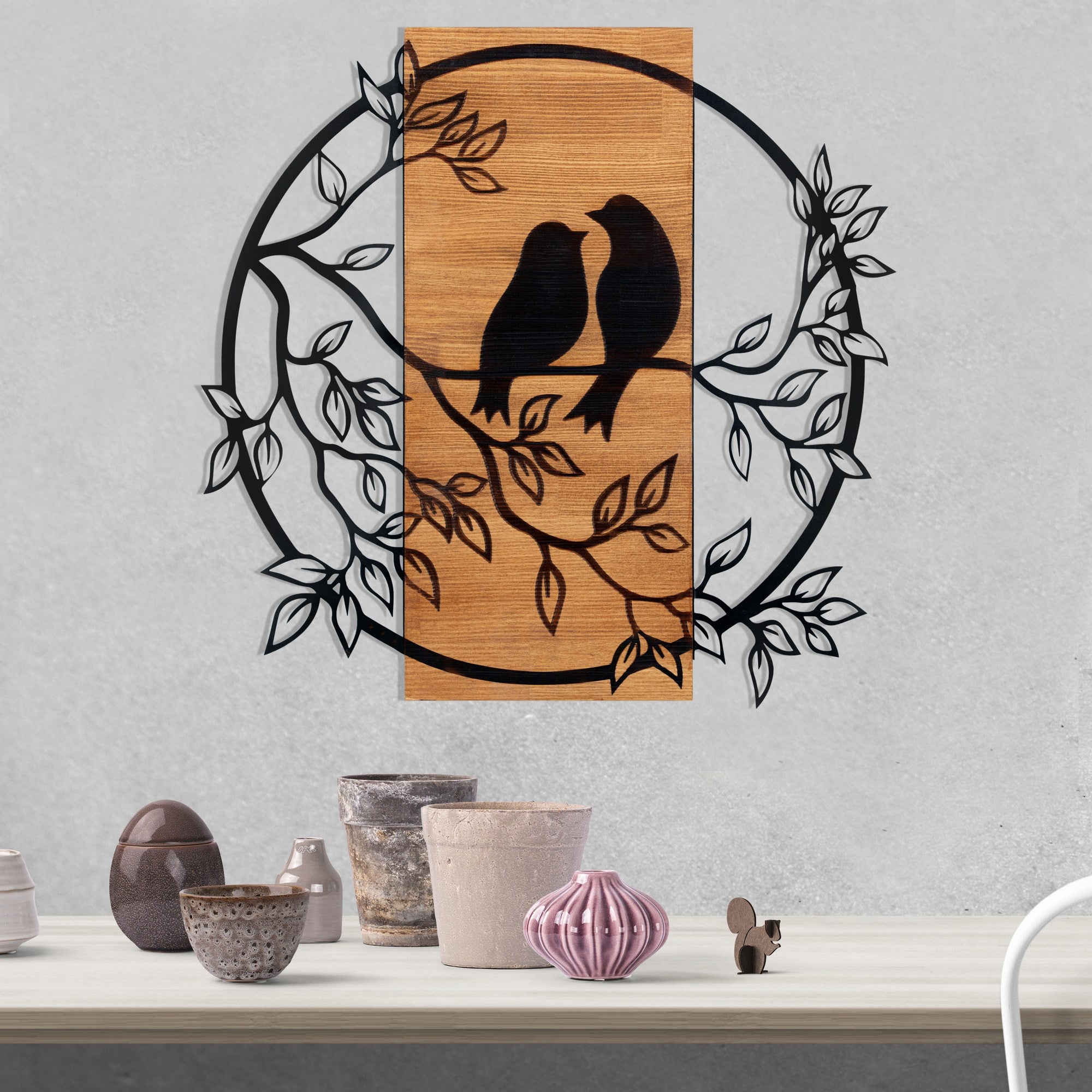 Birds In Love 1 – Decoração de Parede em Metal Preto com Moldura de Nogueira, 59,5 x 58,5 cm