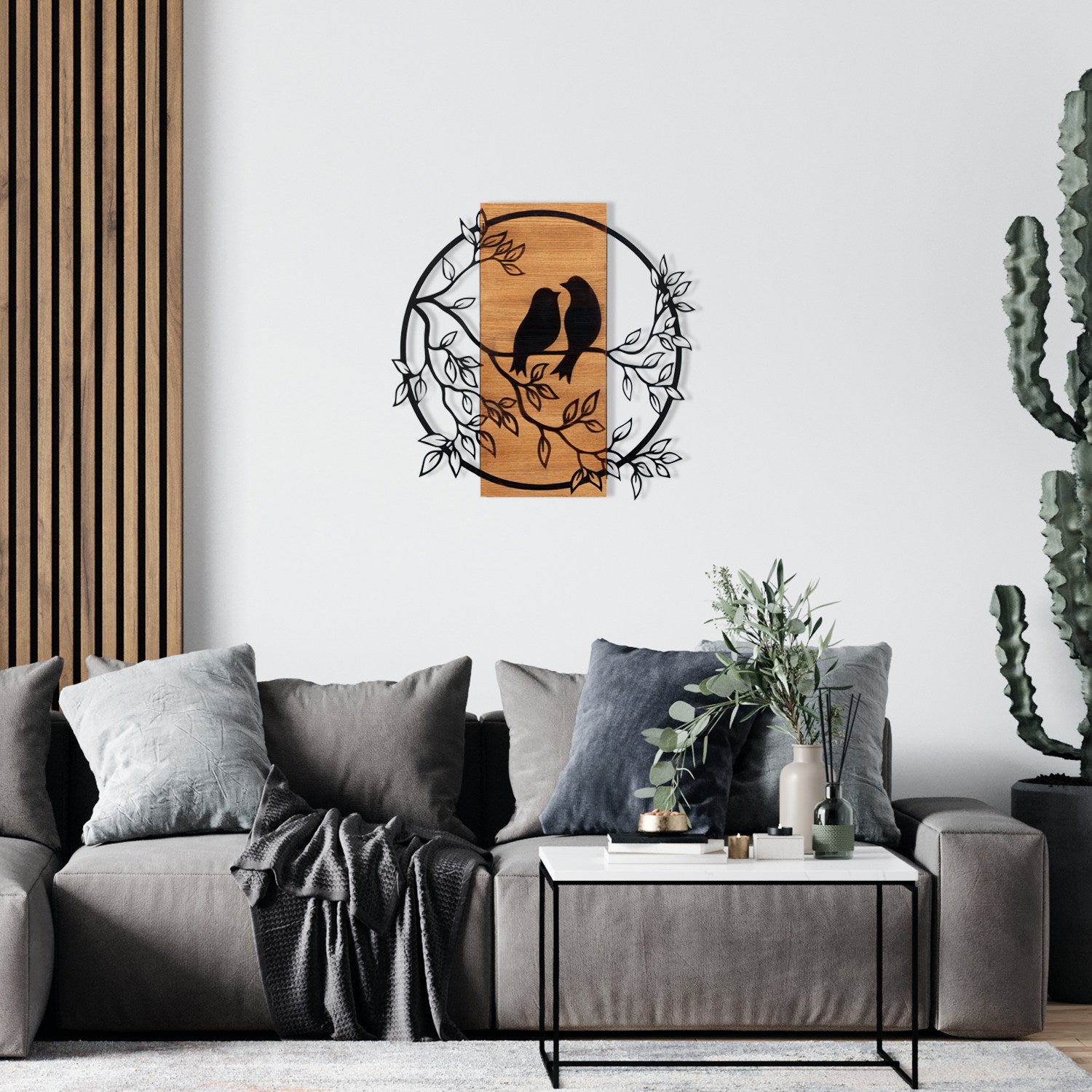Birds In Love 1 – Decoração de Parede em Metal Preto com Moldura de Nogueira, 59,5 x 58,5 cm