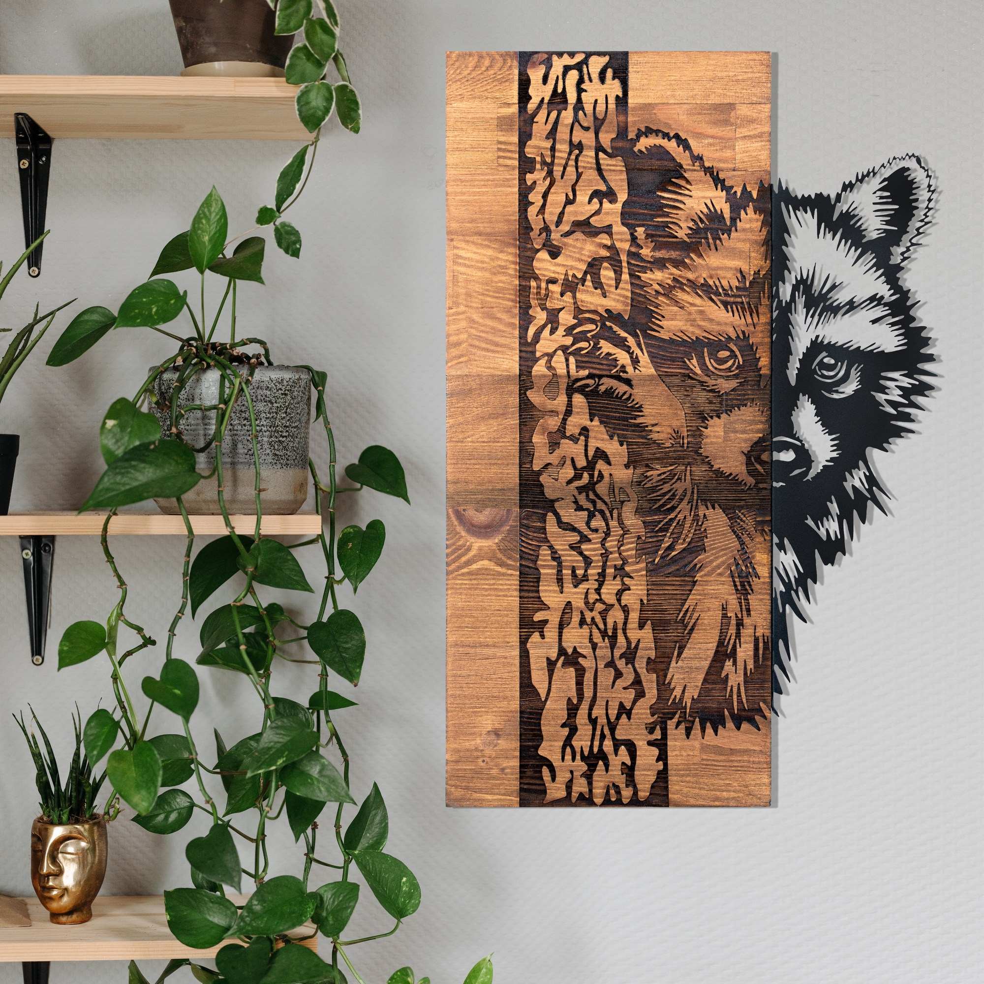 Folivora – Acessório de Parede Decorativo em Metal e Nogueira, Preto, 37 x 57,5 cm