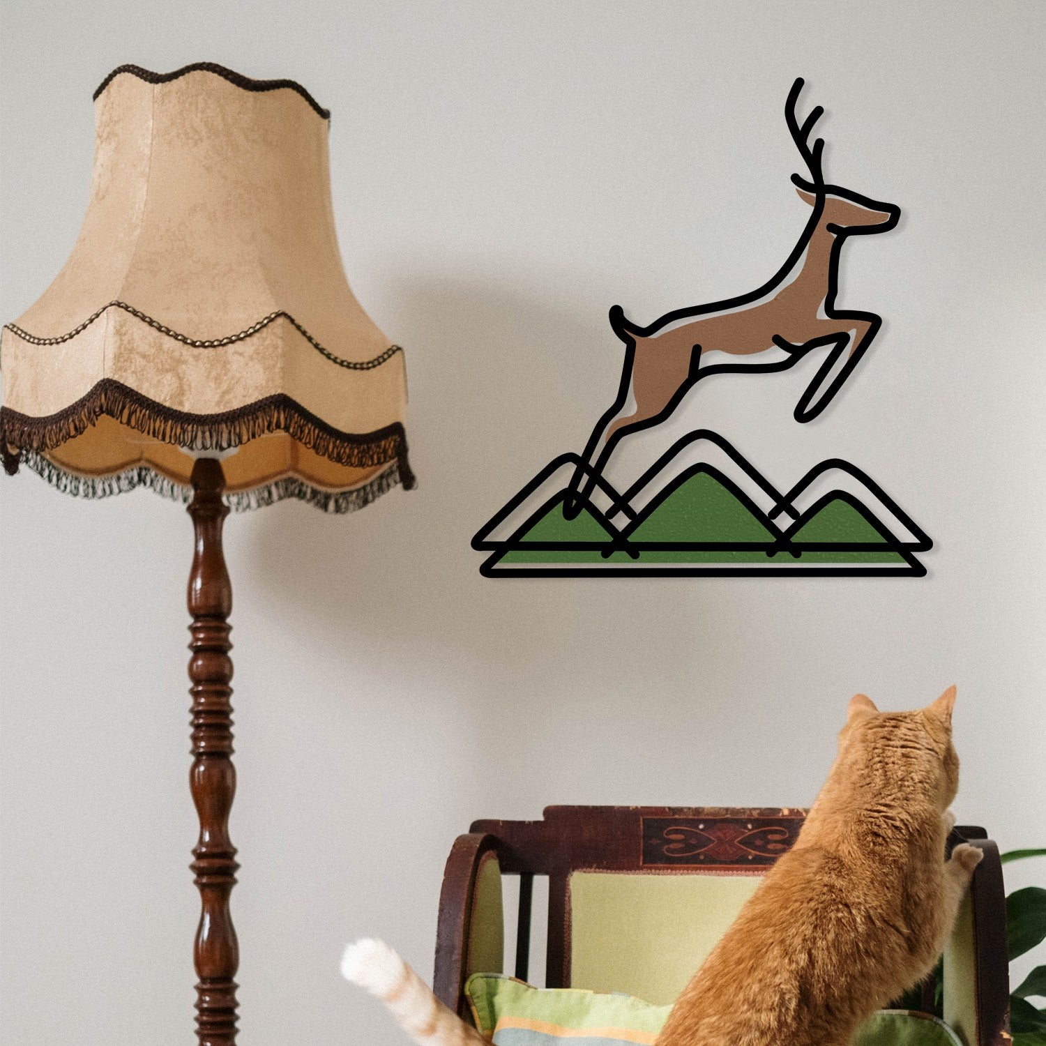 Veado Multicolor – Acessório Decorativo de Parede em Metal e Madeira, 60x65 cm