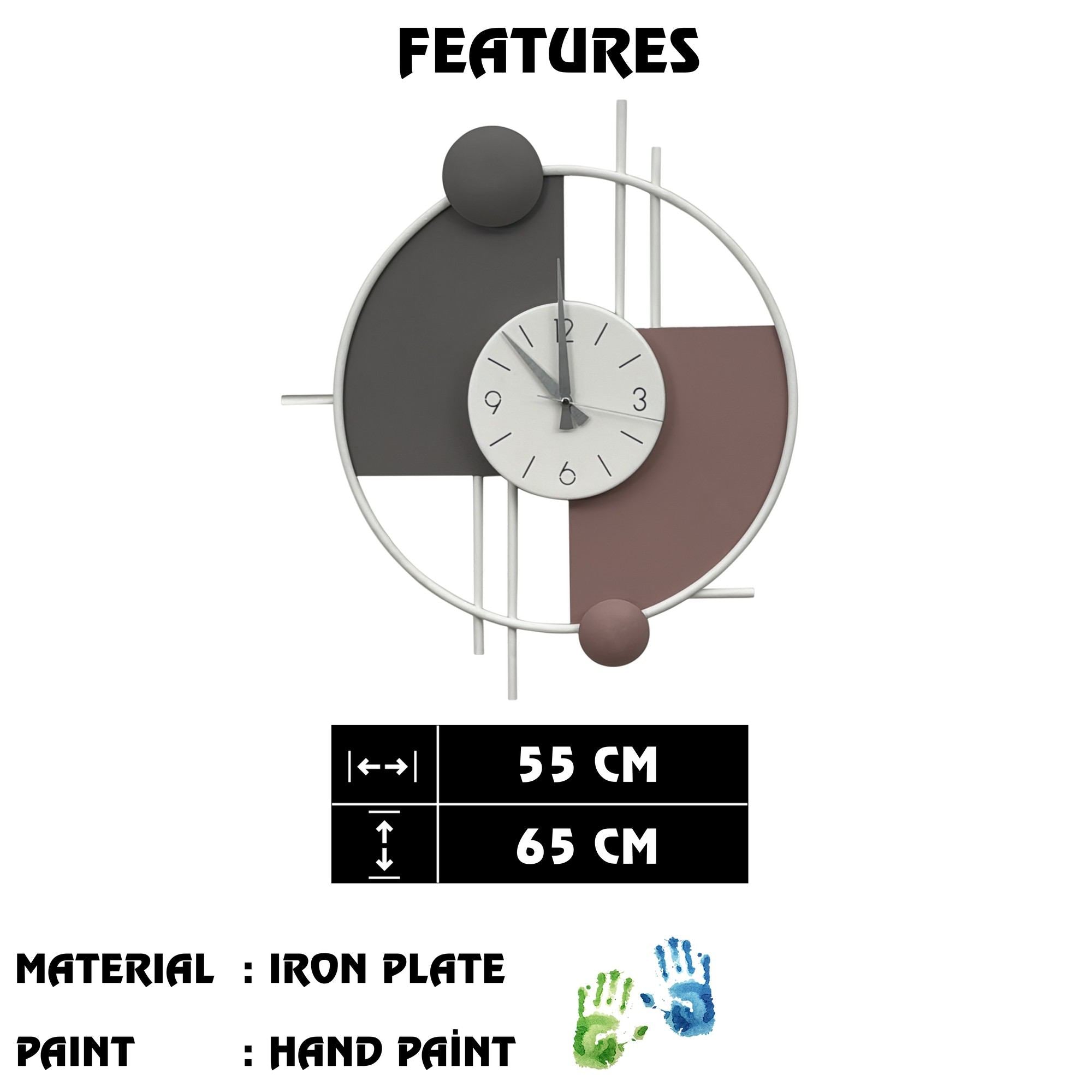 Relógio de Parede Decorativo Miskin-1 em 100% Metal (1 mm), Multicolor, 55 x 65 cm