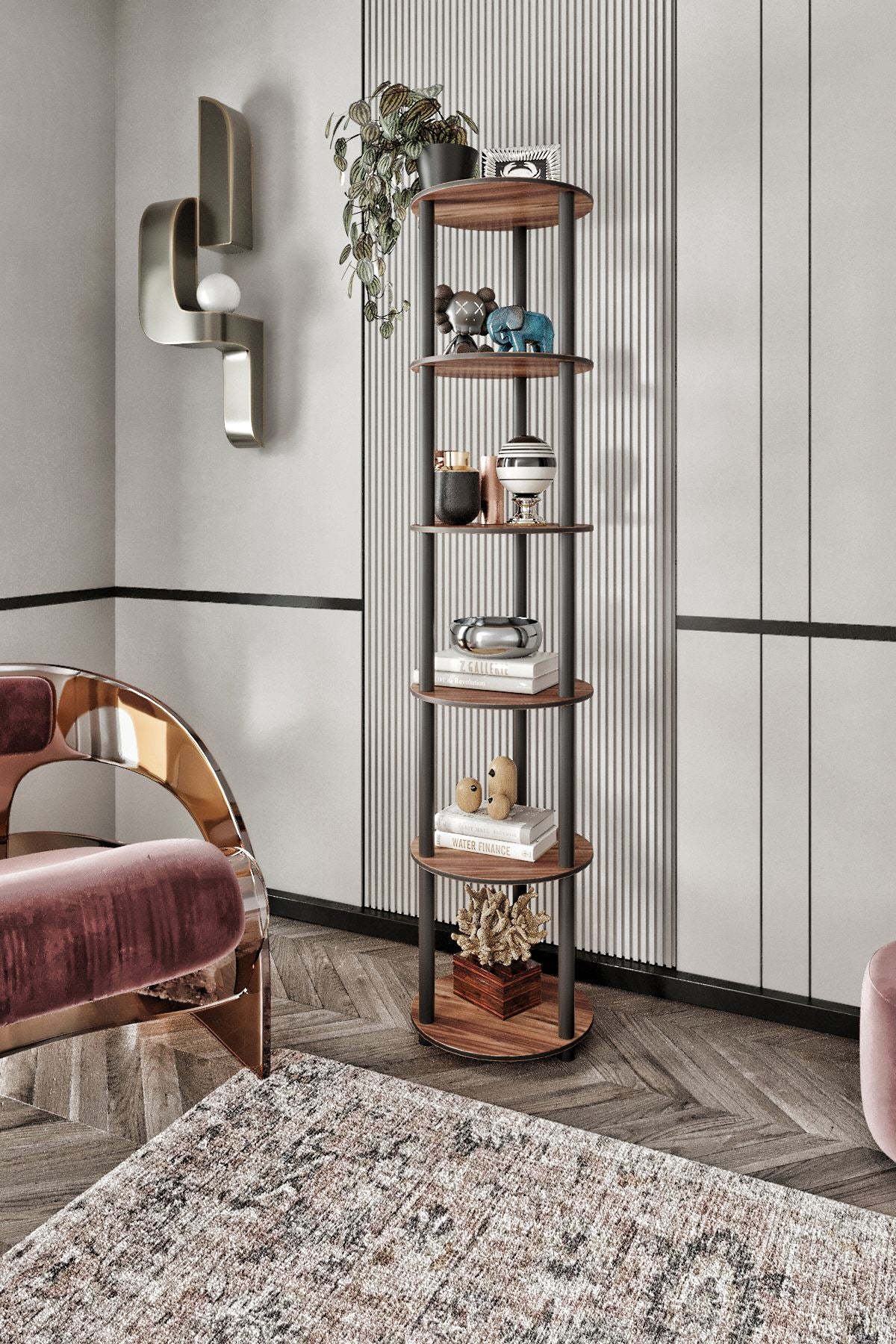 Estante 6 Prateleiras Round Walnut - Design Moderno Premium