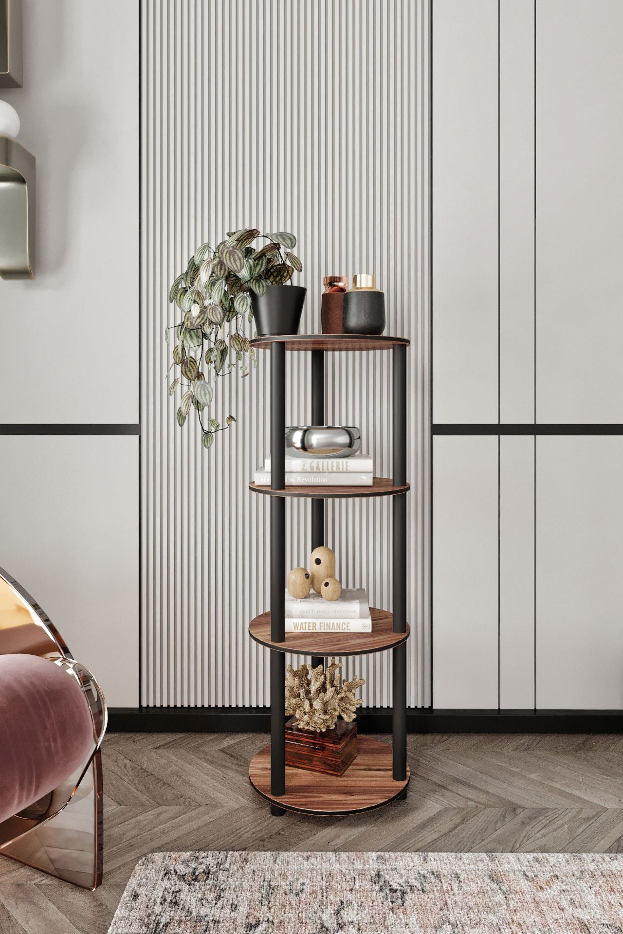 Estante Redonda 4 Níveis Walnut - Design Moderno Premium