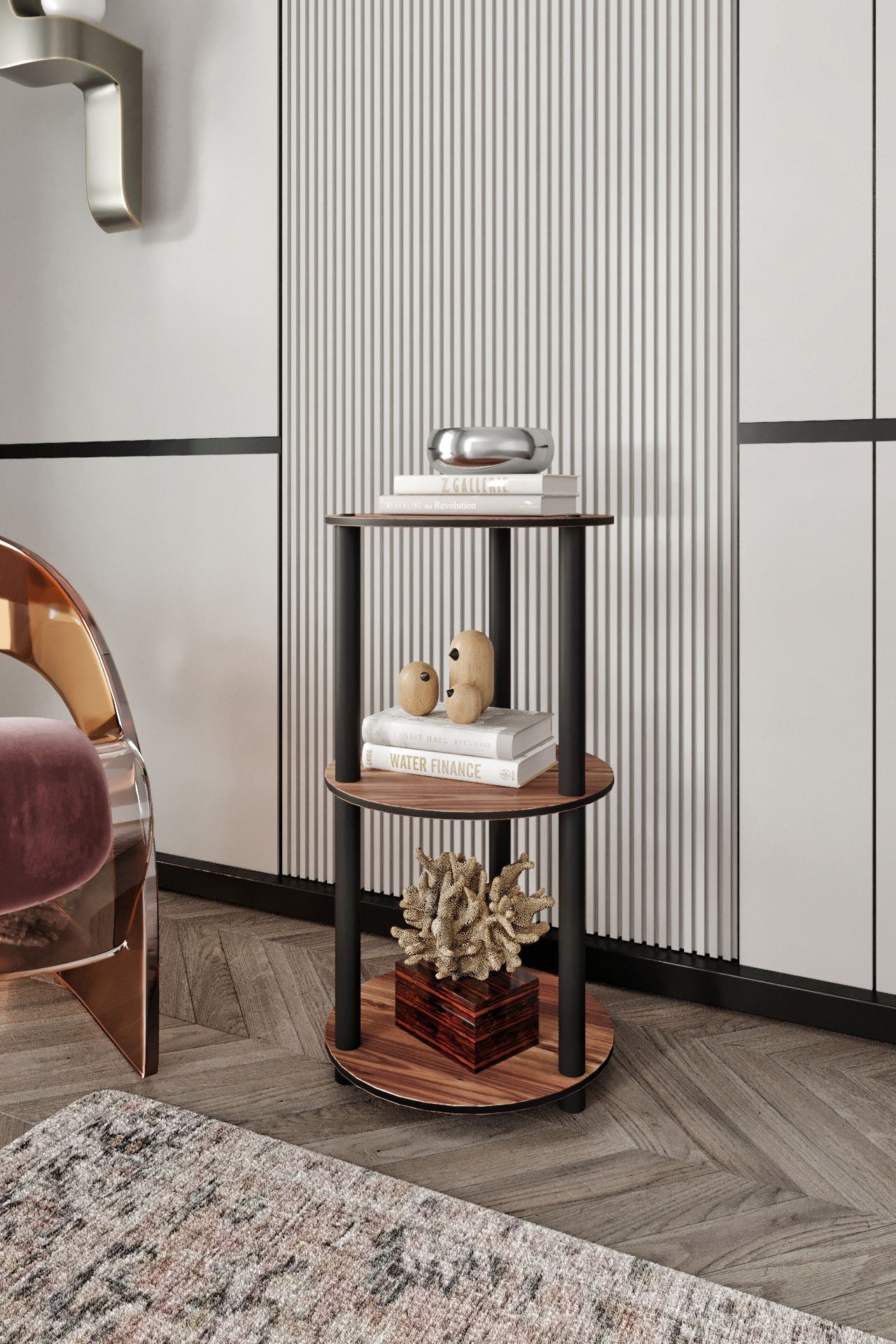 Estante 3 Prateleiras Redonda Walnut - Design Moderno Premium