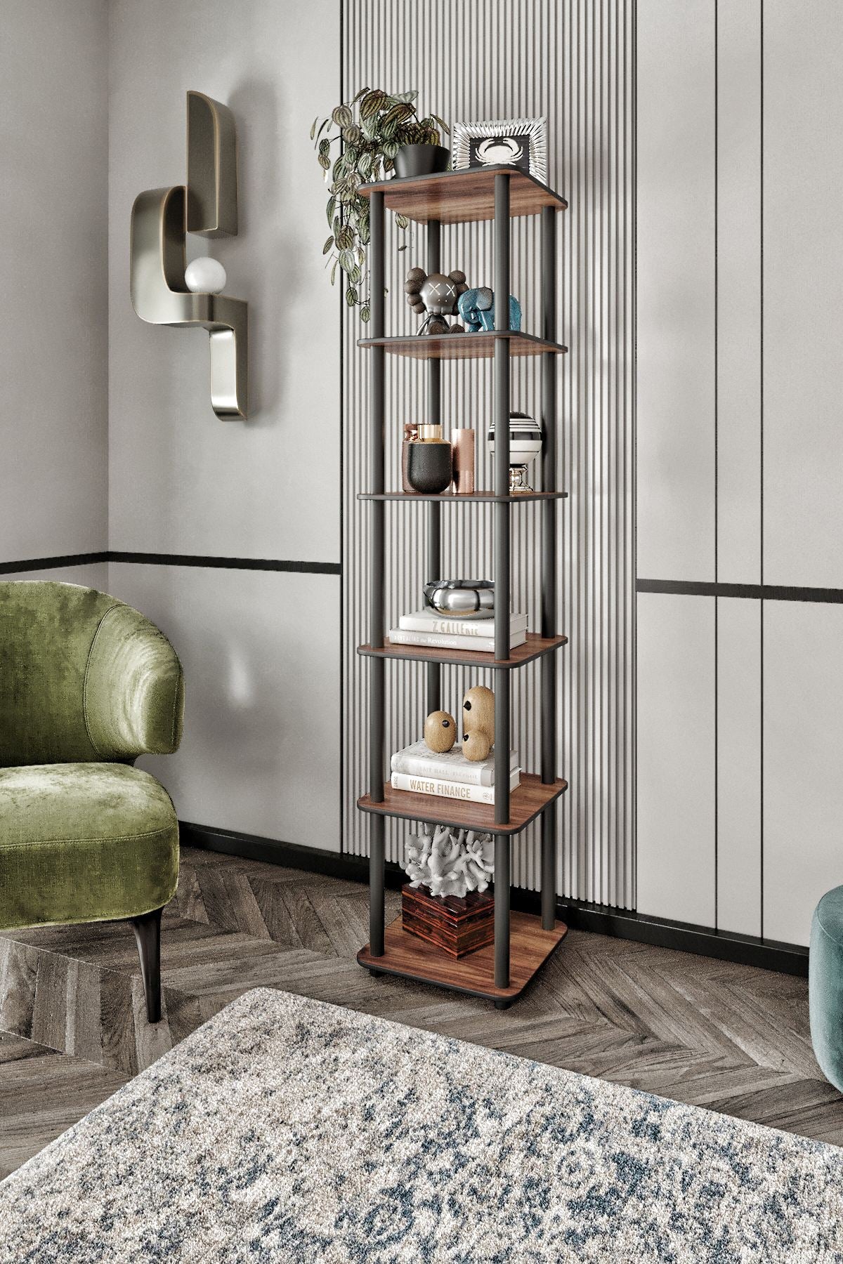 Estante Bookcase 6 Tiers Square Walnut - Elegância Vertical