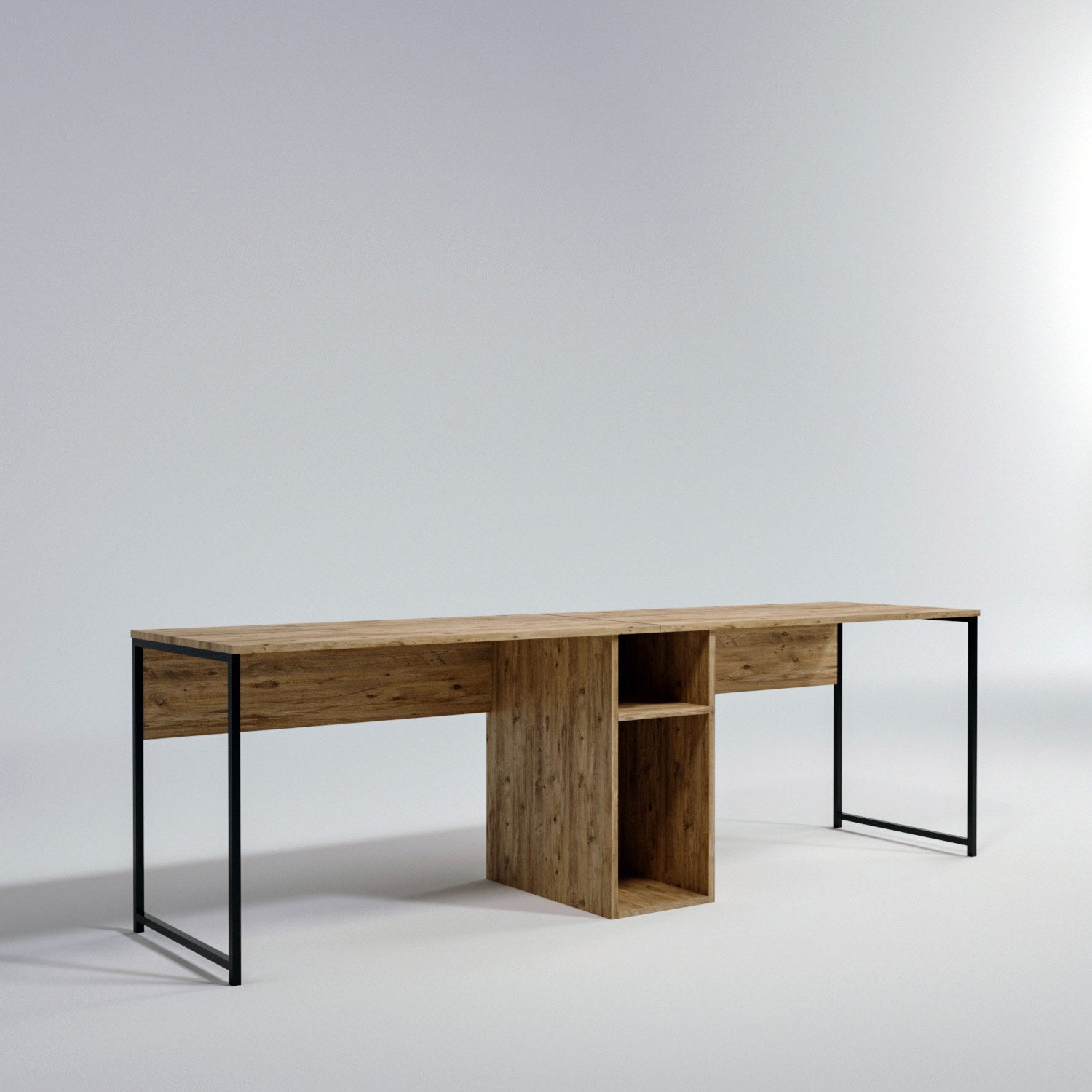 Secretária de Estudo/Escritório moderna com opção de montagem na parede, pinho atlântico e preto, 240 x 74 x 60 cm | 100% revestida em melamina, 18 mm de espessura, pés de metal eletrostático, várias prateleiras