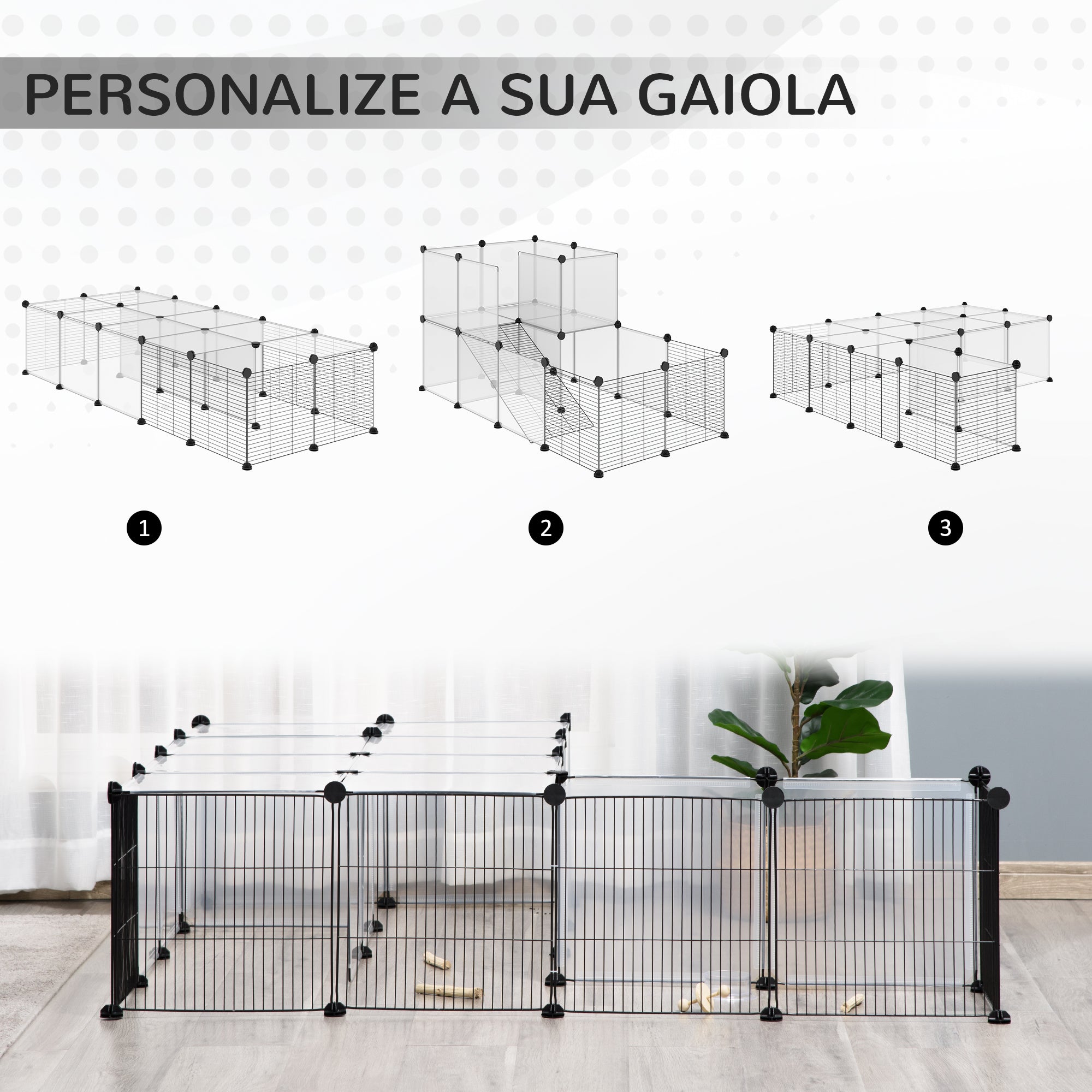 Parque para Animais Pequenos – 140x70x70 cm – Preto – Resina PP e Fio de Aço