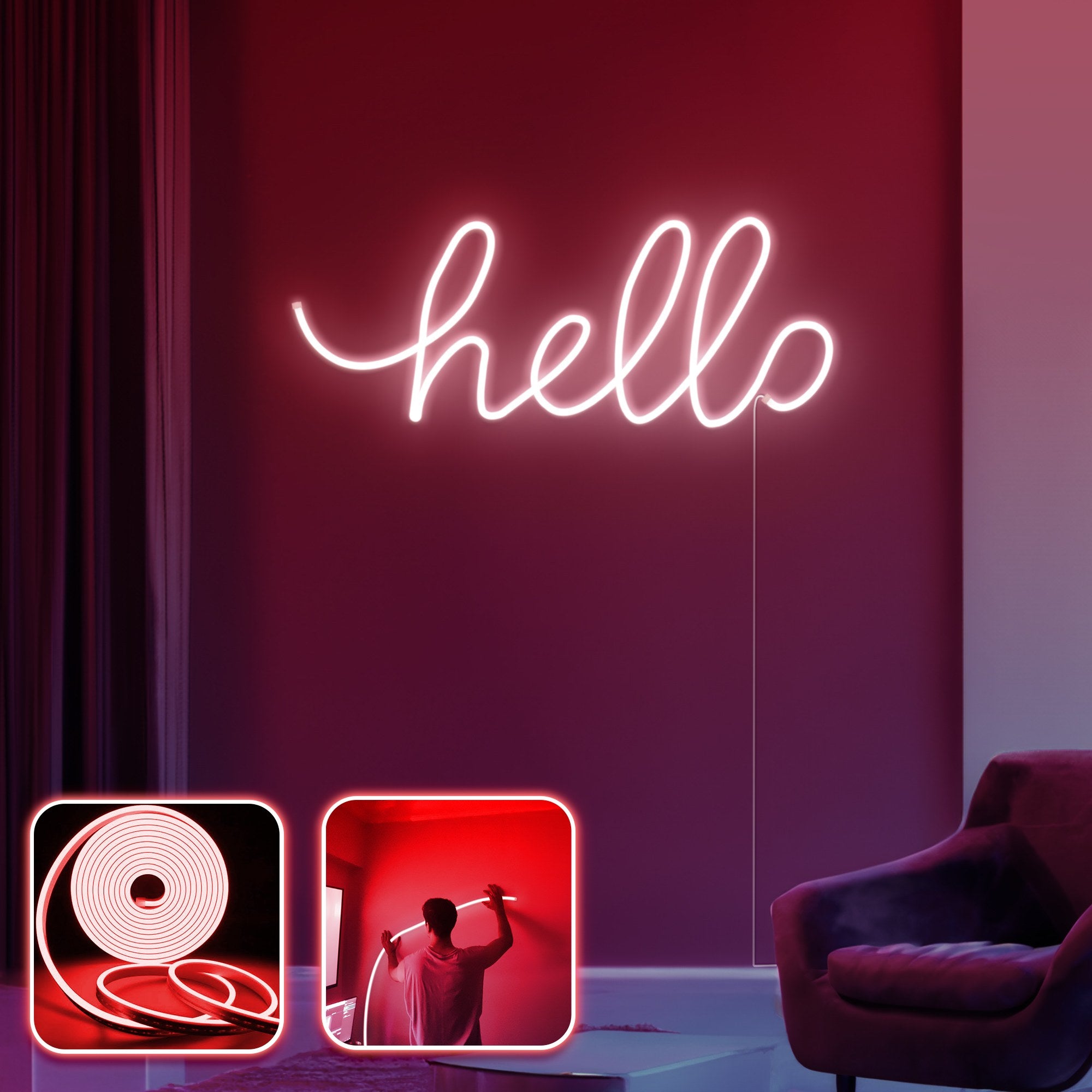 Iluminação LED de parede decorativa – 300 cm – Vermelho – Neon à prova d'água