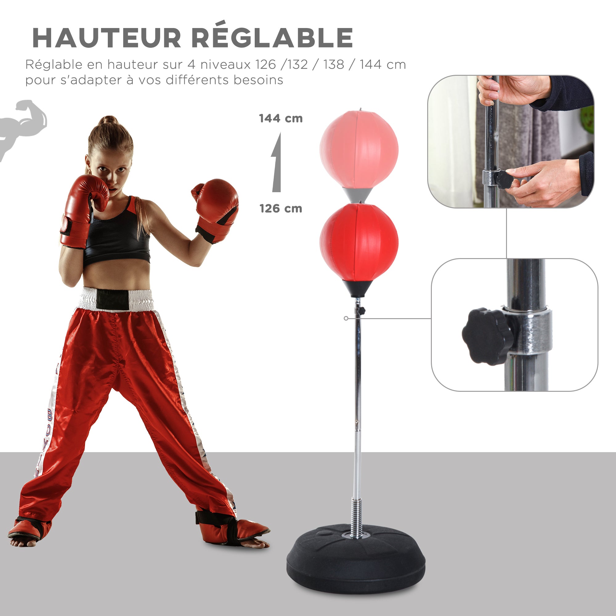 Saco de Boxe de Pé –  Ø43x126-144 cm – Vermelho – Material sintético