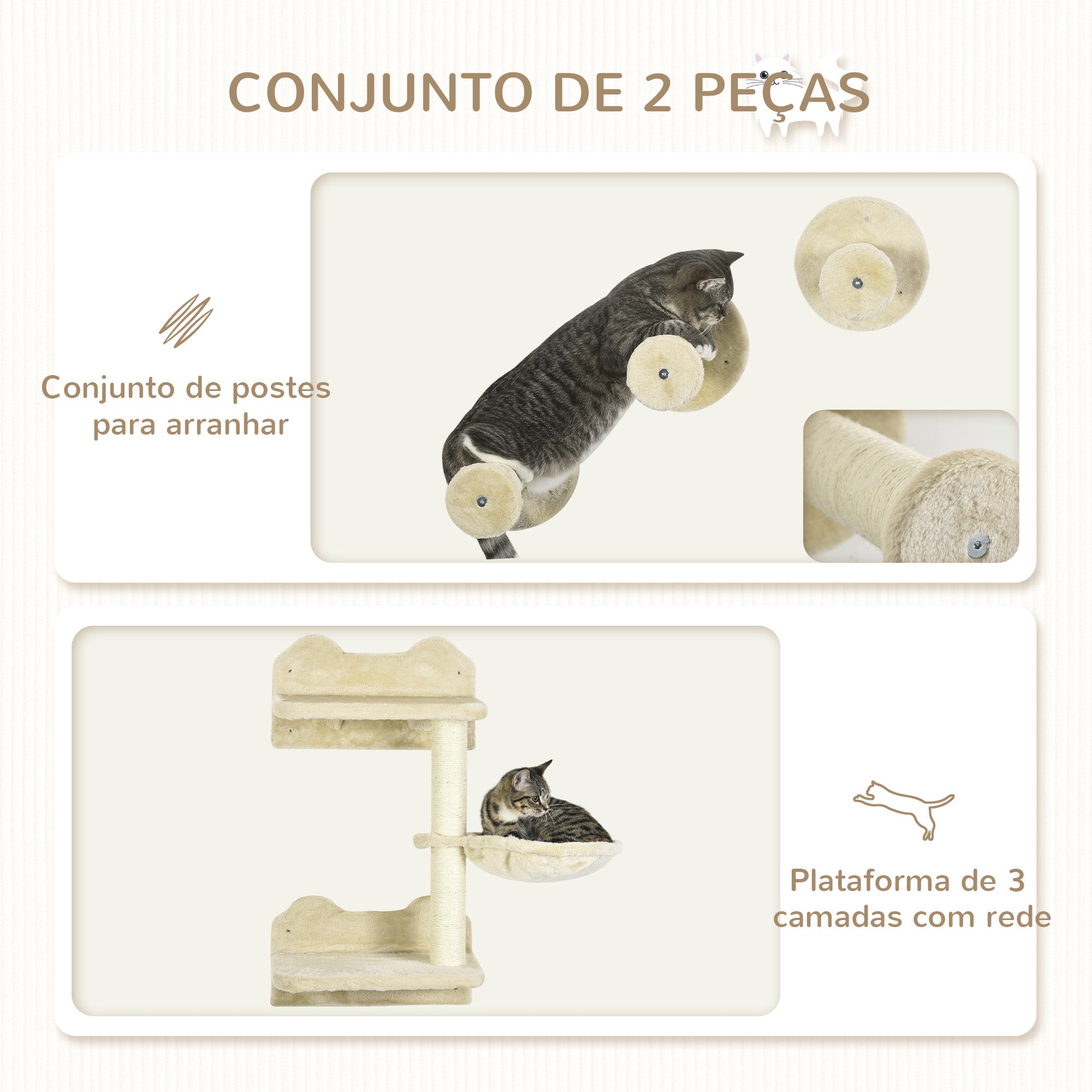 Conjunto de Prateleiras de Parede para Gatos - Bege 40x28x73 cm