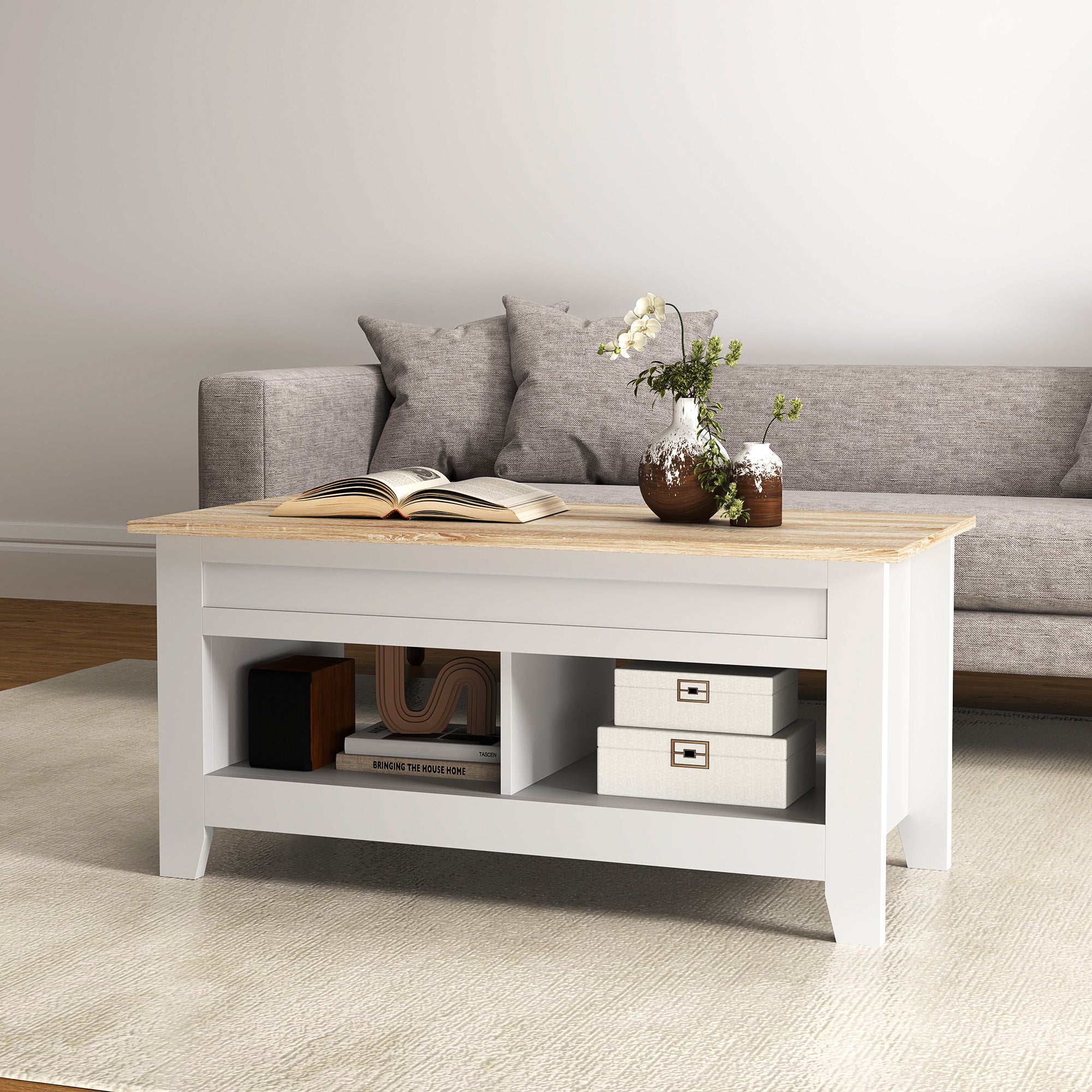 Mesa de Centro com Bancada Elevável – 105x50x49 cm – Branco e Madeira