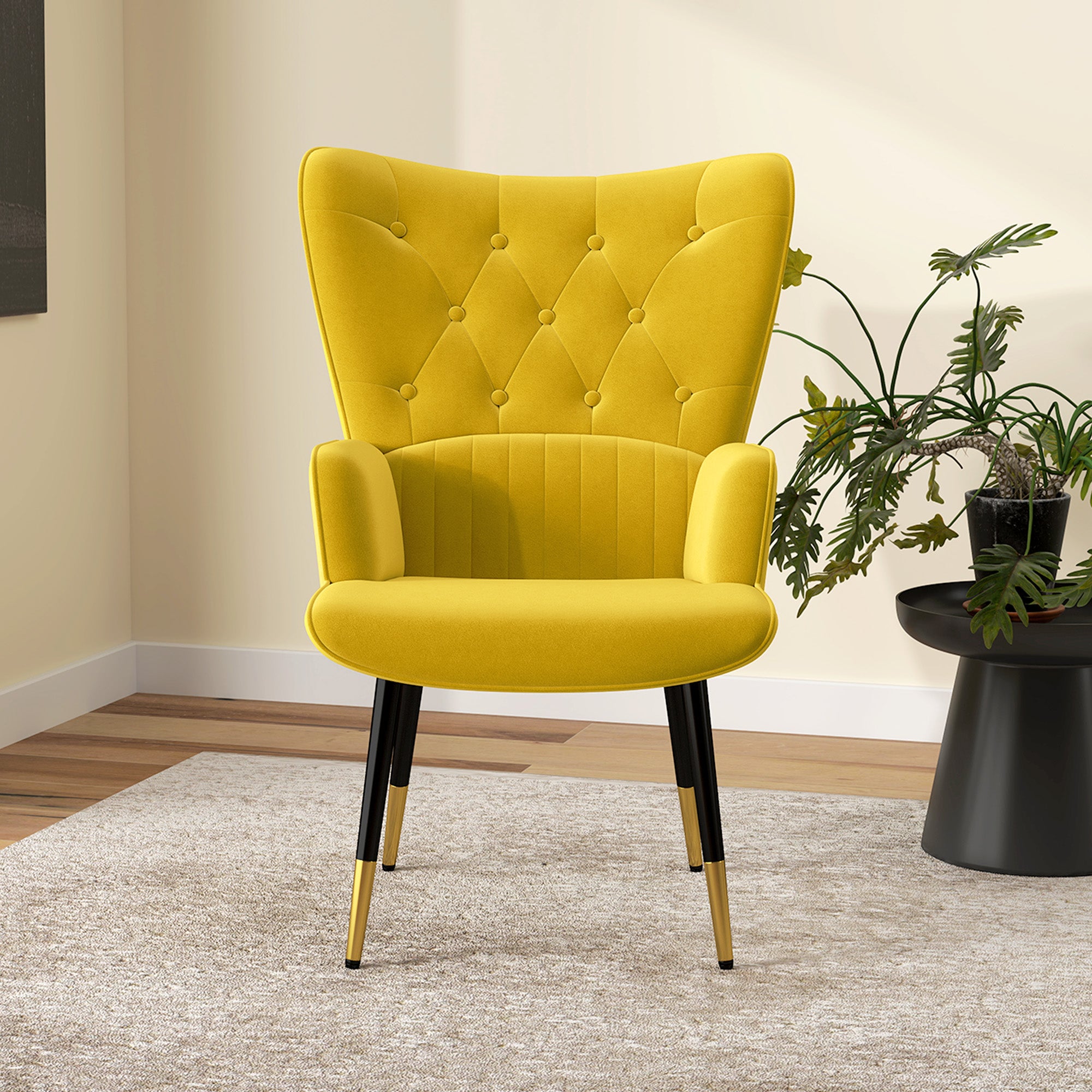 Poltrona Estofada em Veludo Amarelo – 68x72x103 cm – veludo 100% poliéster