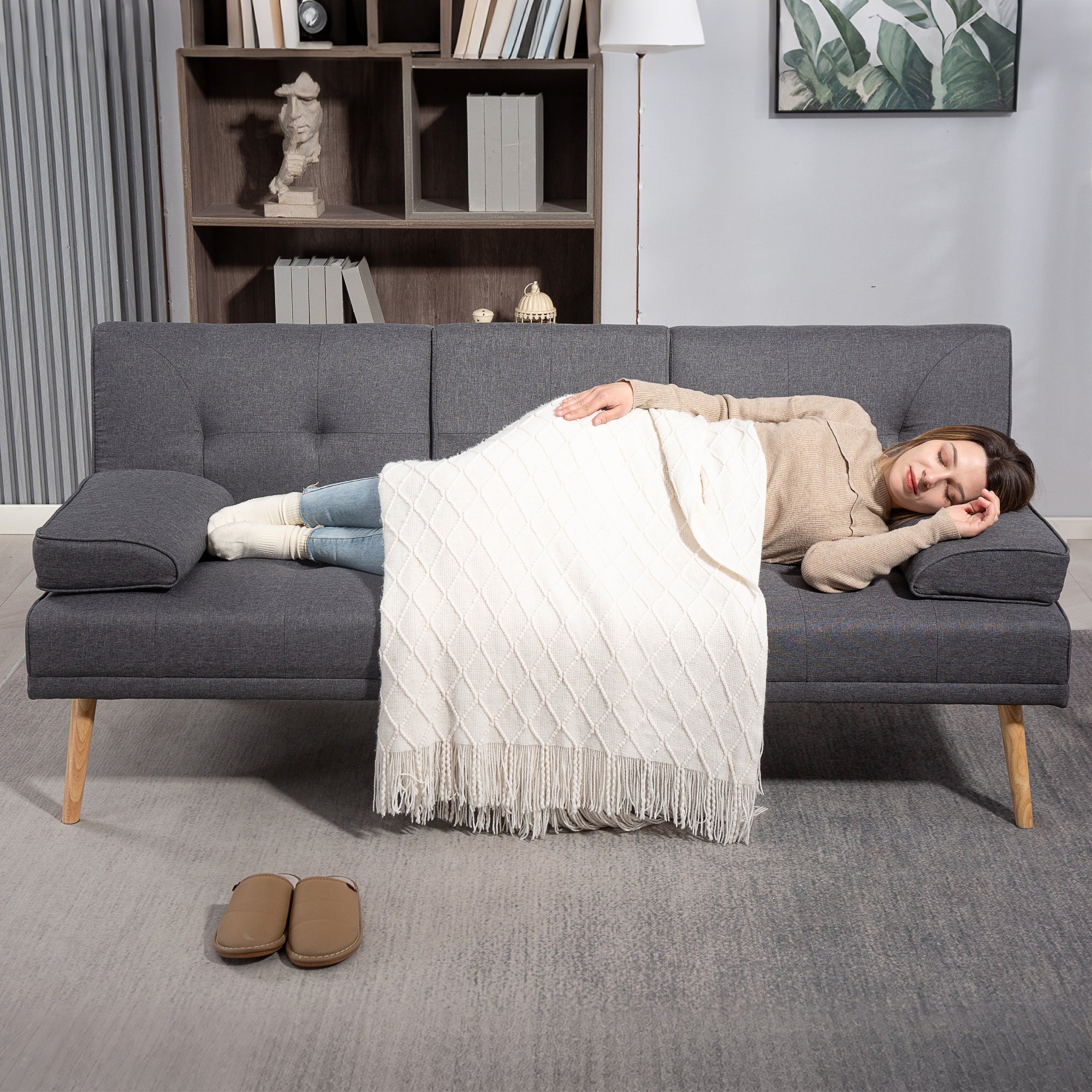 Sofá-Cama 3 Lugares – 181x77x78 cm – Cinza – Tecido de linho