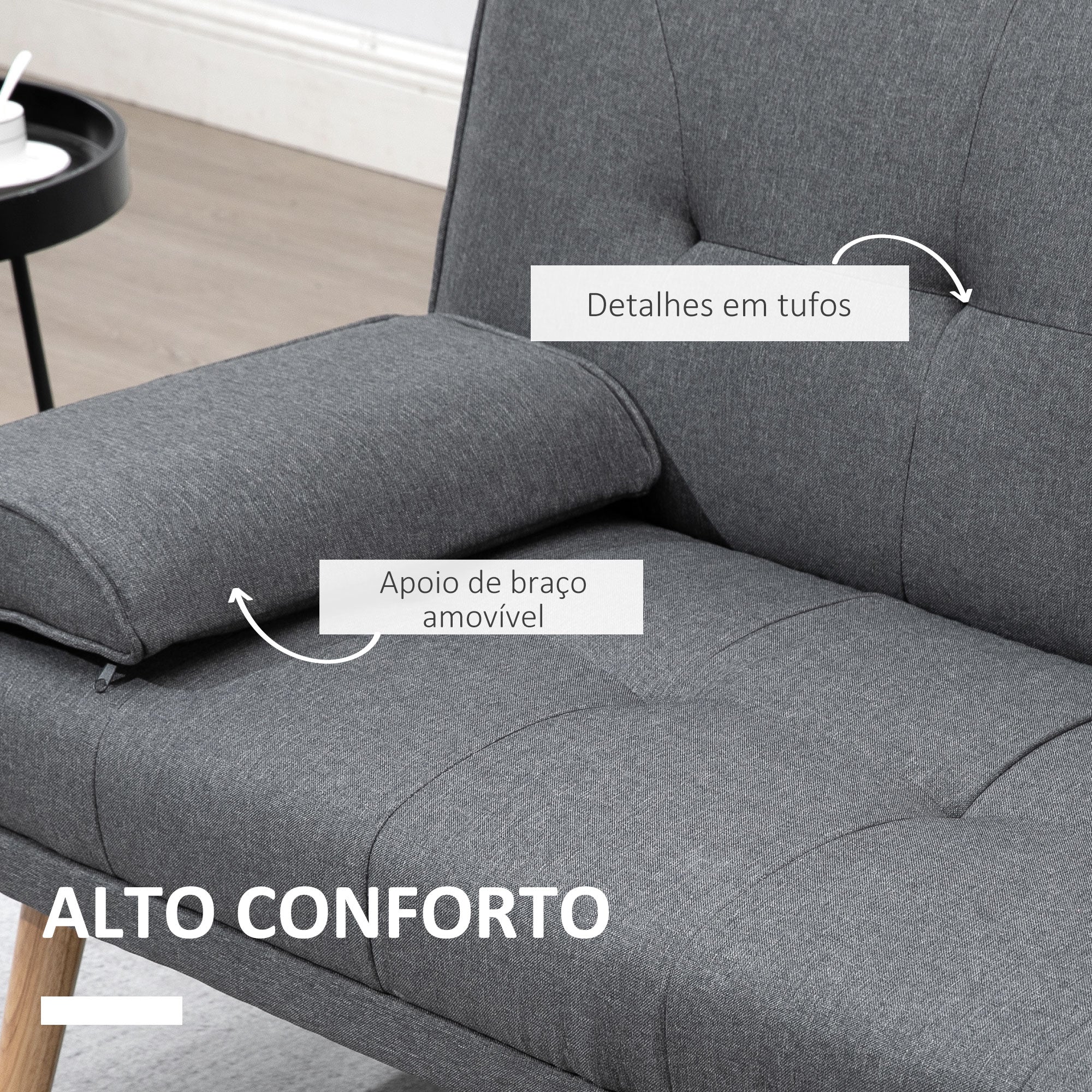 Sofá-Cama 3 Lugares – 181x77x78 cm – Cinza – Tecido de linho