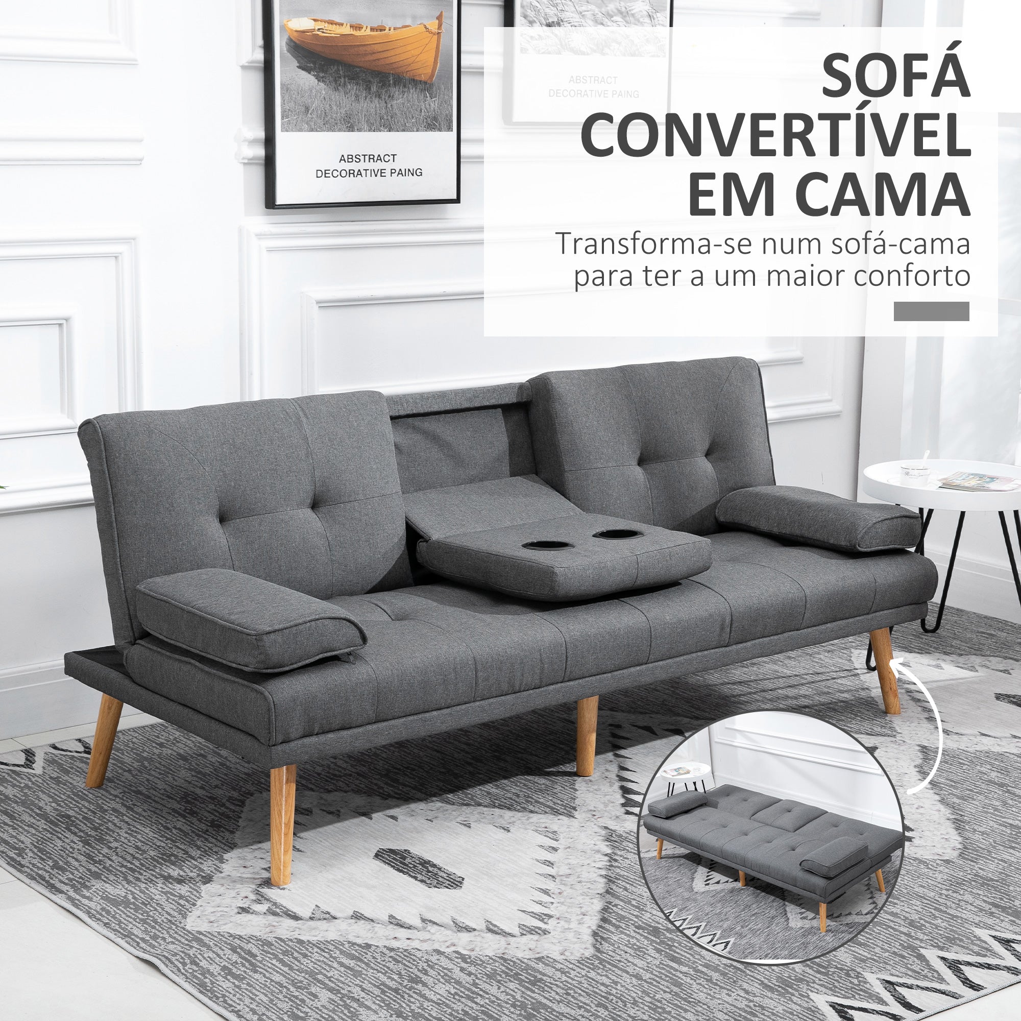 Sofá-Cama 3 Lugares – 181x77x78 cm – Cinza – Tecido de linho
