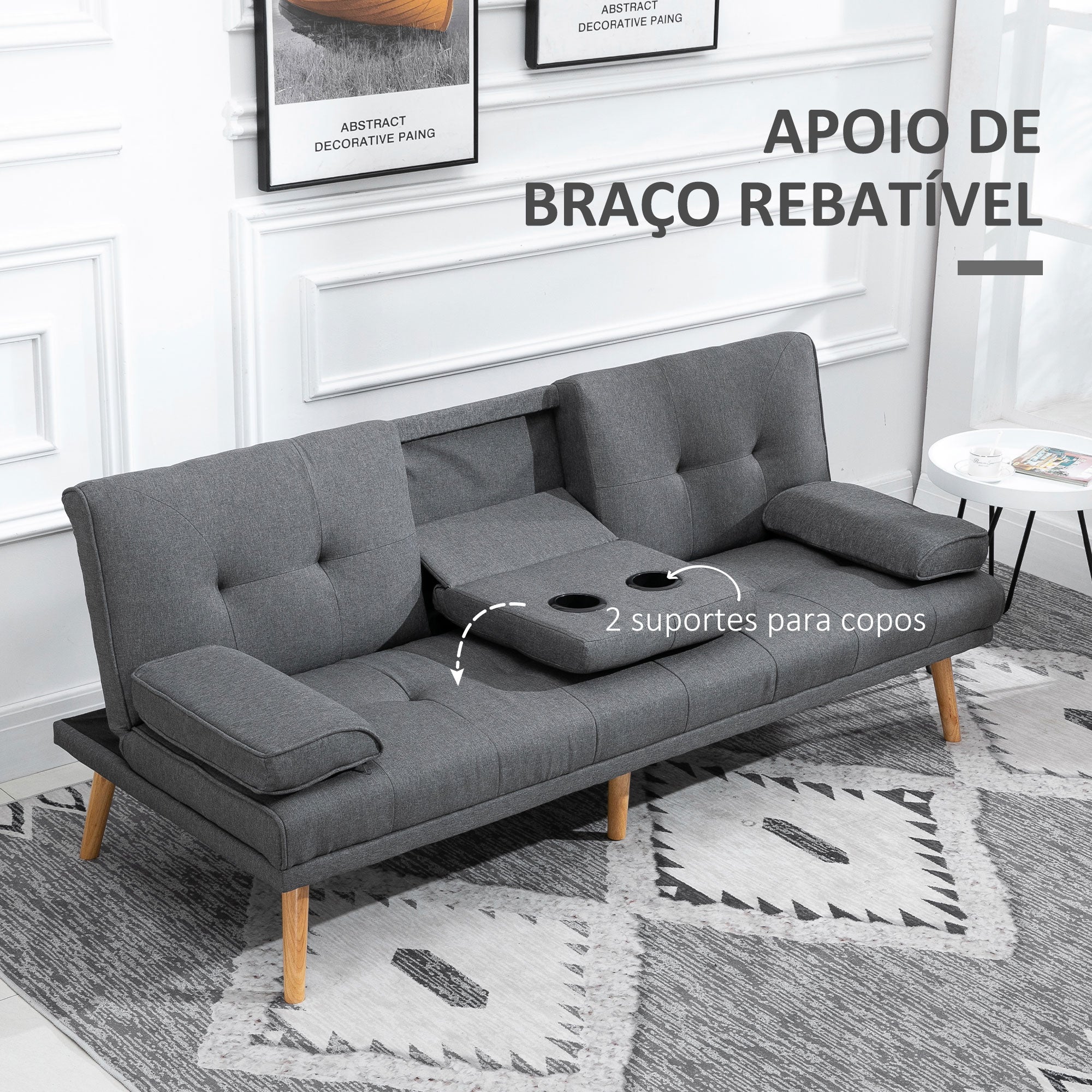 Sofá-Cama 3 Lugares – 181x77x78 cm – Cinza – Tecido de linho