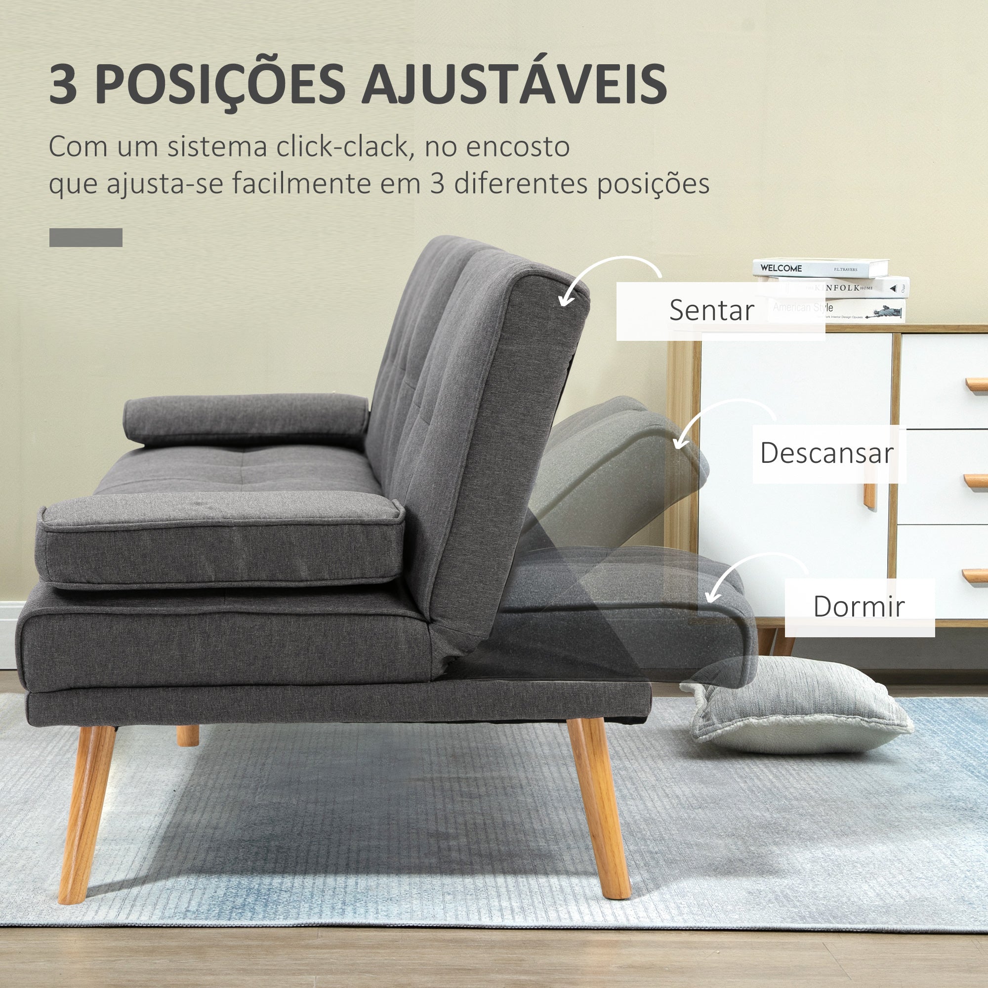 Sofá-Cama 3 Lugares – 181x77x78 cm – Cinza – Tecido de linho