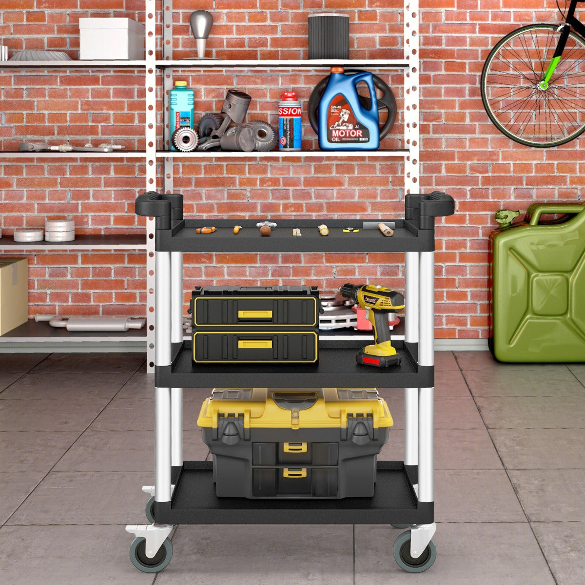 Carrinho Utilitário de 3 Níveis com Rodas Bloqueáveis e Pegas Duplas Estrutura de Alumínio para Cozinha Garagem 80 x 41 x 97 cm Preto