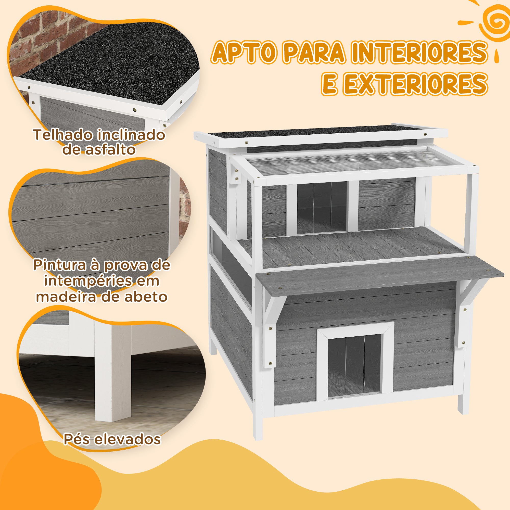 Casa para Gatos de Madeira 64x87x76 cm - Cinzento