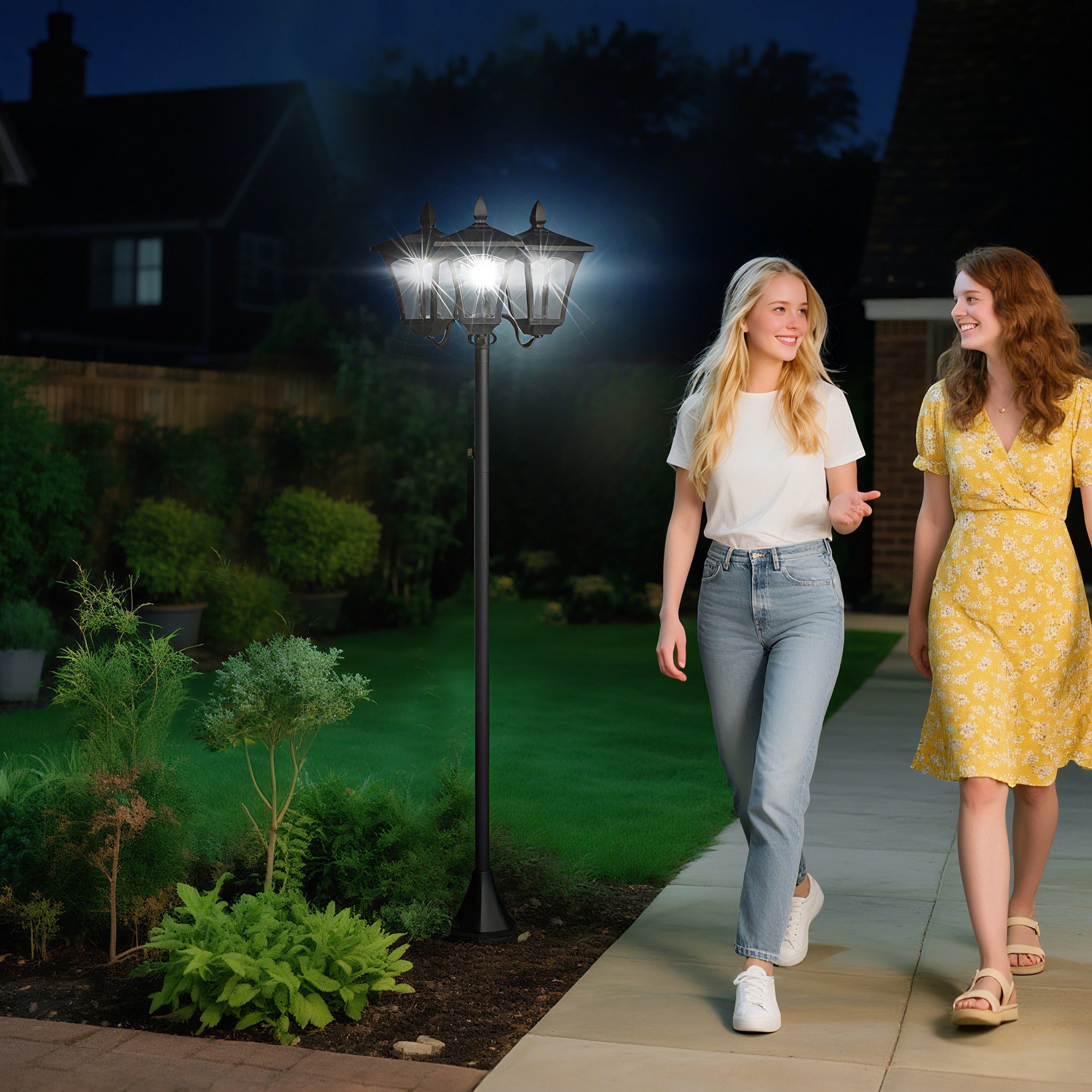 Candeeiro Solar para Exterior com 3 Luzes LED IP44 51,5x47x182,5cm Preto