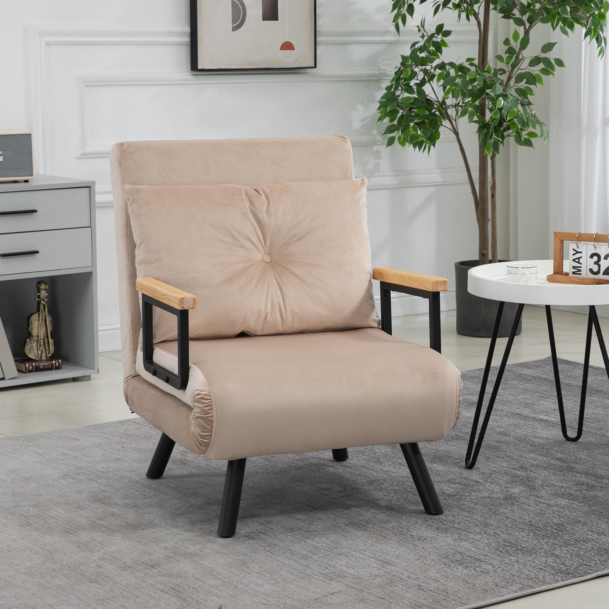 Poltrona Convertível em Cama – 63x73x81 cm – Bege – Aço, poliéster, madeira de borracha