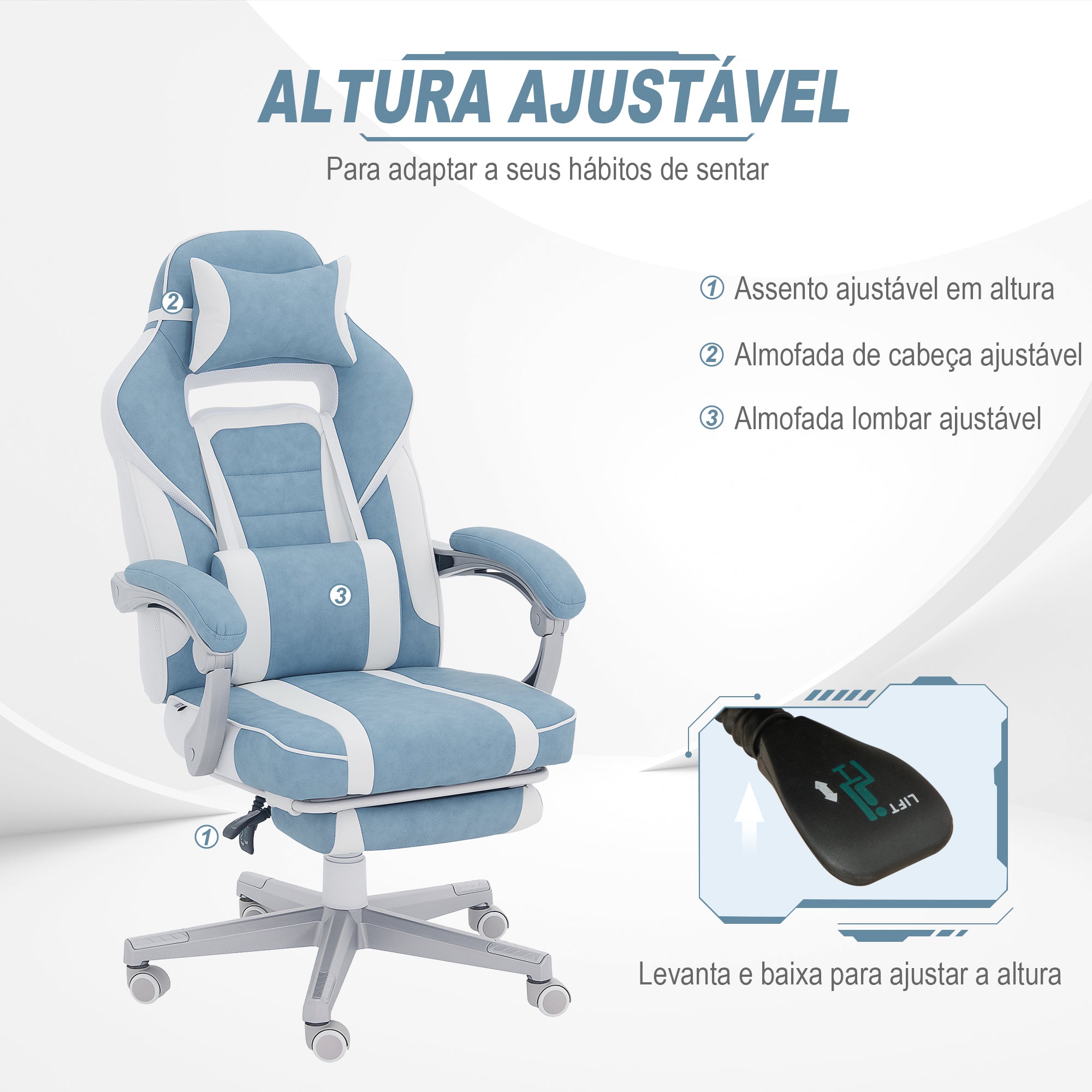 Cadeira Reclinável de Escritório – 63x63x115,5-123 cm – Azul Claro – Couro Sintético