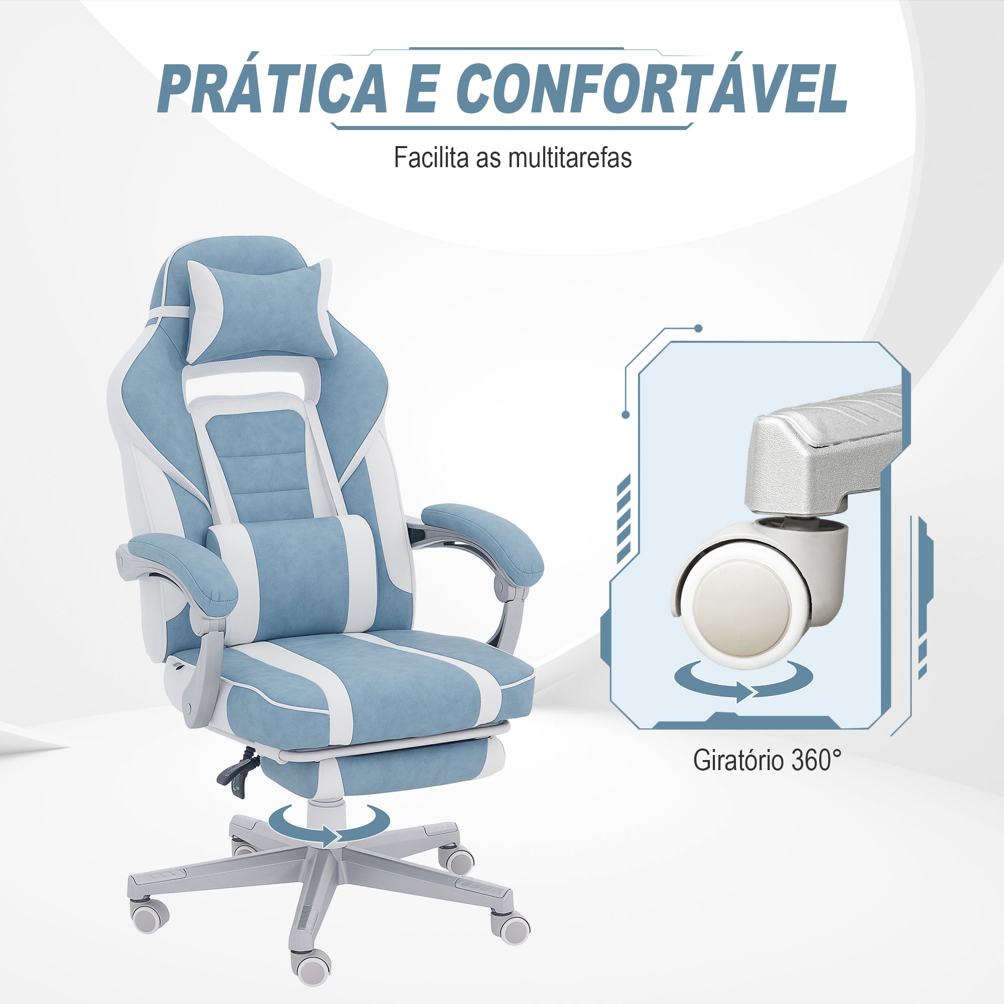 Cadeira Reclinável de Escritório – 63x63x115,5-123 cm – Azul Claro – Couro Sintético