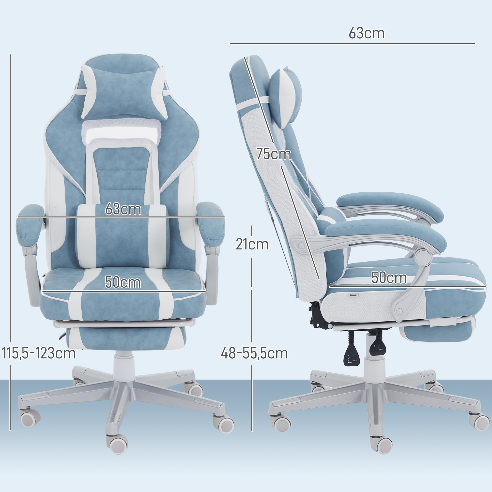 Cadeira Reclinável de Escritório – 63x63x115,5-123 cm – Azul Claro – Couro Sintético