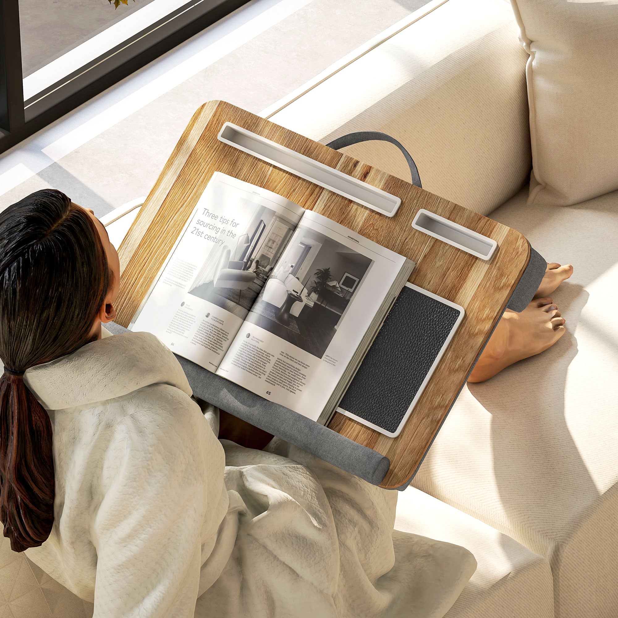 Mesa Portátil Ergonómica – 55,5x37x9 cm – Cinza – Madeira