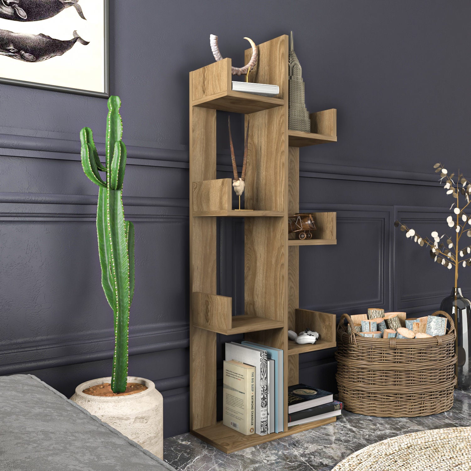 Estante moderna em carvalho Oud, 50 x 22 x 173 cm | Painel de partículas 100% revestido em melamina, 18 mm de espessura | Armazenamento elegante e funcional para casa e escritório